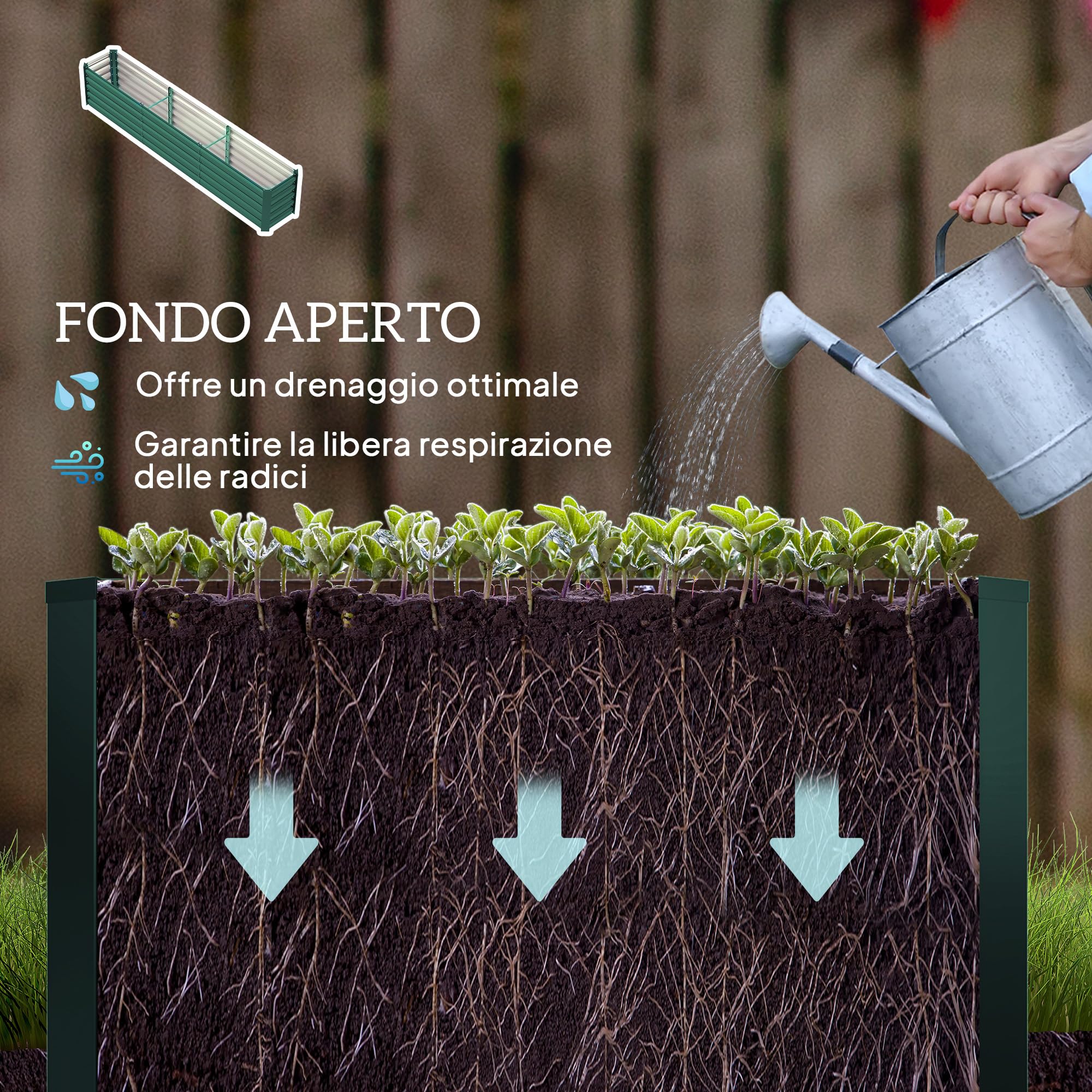 Outsunny Letto per Orto Rialzato da Esterno 394L, Fioriera da Balcone in Acciaio Galvanizzato con Fondo Aperto, per Piante, Fiori e Verdure, 240x40x45cm, Verde