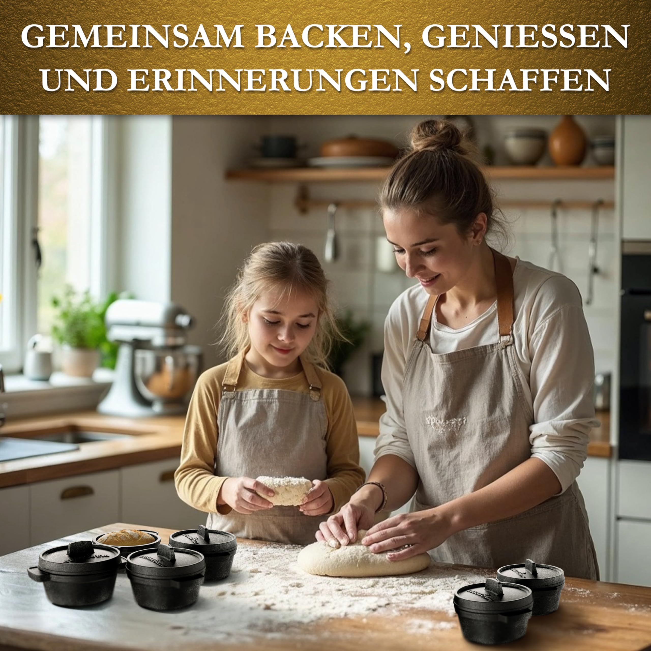 GUSSKÖNIG Mini Gusseisen Brotbackform Set–6x 300 ml Brotbacktopf mit Deckel–eingebrannte Mini Dutch Oven zum Brotbacken–kleine Gusseisentöpfe für Mini-Brote+Rezeptbuch & Pflegepaste–30Jahre Garantie