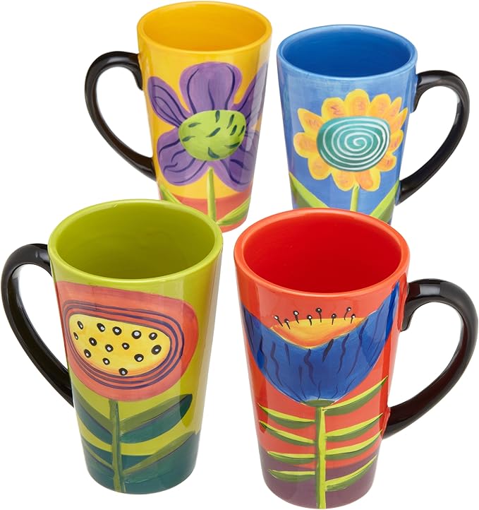 Henriksen Imports Flowers 16Ounce Tall Latte Mugs, Set of 4 Coffee Cups Coffee
