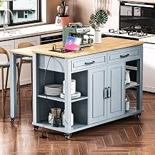 47" Kitchen Island with Extendable Rubberwood Dining Table, Power Outlet, Adjustable Shelves & 2 Drawers, Rolling Kitchen Cart on Wheels with 2 Doors for Dining Room Grey Blue