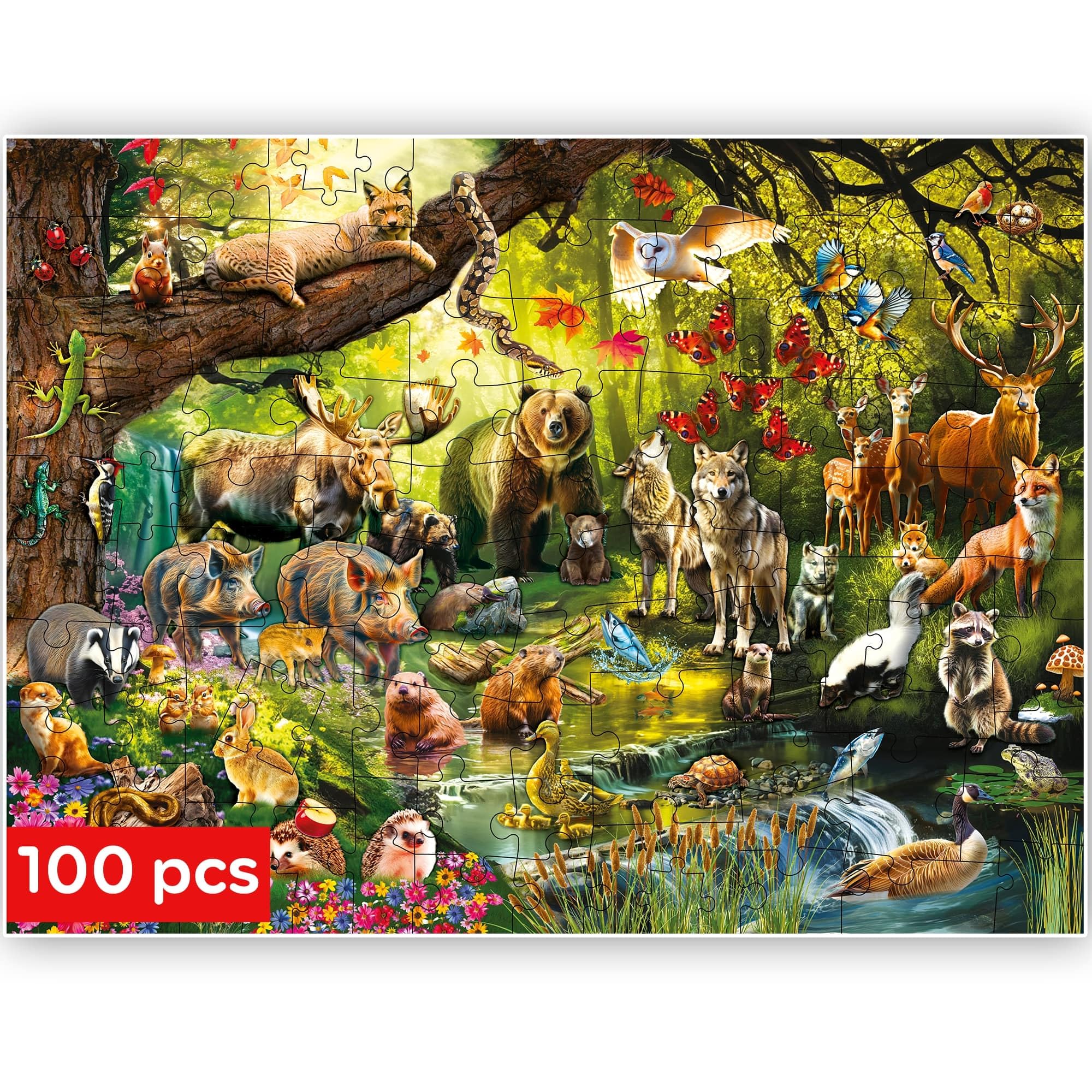QUOKKA Puzzle 100 Teile Kinder - Solo Puzzle ab 4 5 6 Jahre Für Mädchen und Jungen - Spielzeug zum Lernen von Waldtieren - Spiele Geschenk für Mädchen und Jungen 7 8 9