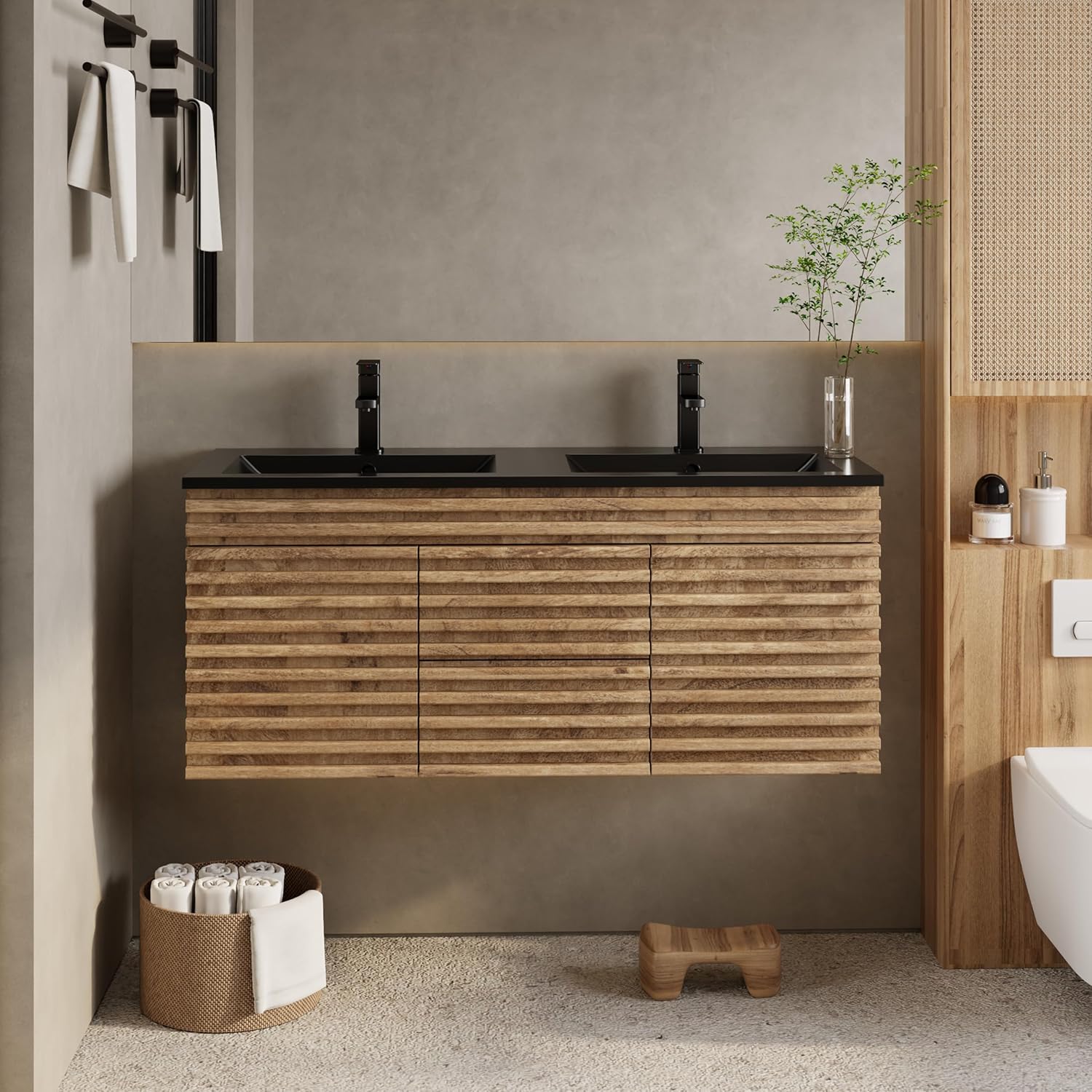 eclife 48" Floating Bathroom Vanity with Sink Combo, Mid-Century Wall Mounted Cabinet with Wood Stripes Decor, Drawers, Undermount Double Black Sink, Faucet, Drain, Light Walnut