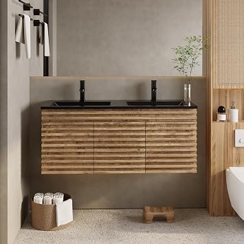 eclife 48" Floating Bathroom Vanity with Sink Combo, Mid-Century Wall Mounted Cabinet with Wood Stripes Decor, Drawers, Undermount Double Black Sink, Faucet, Drain, Light Walnut