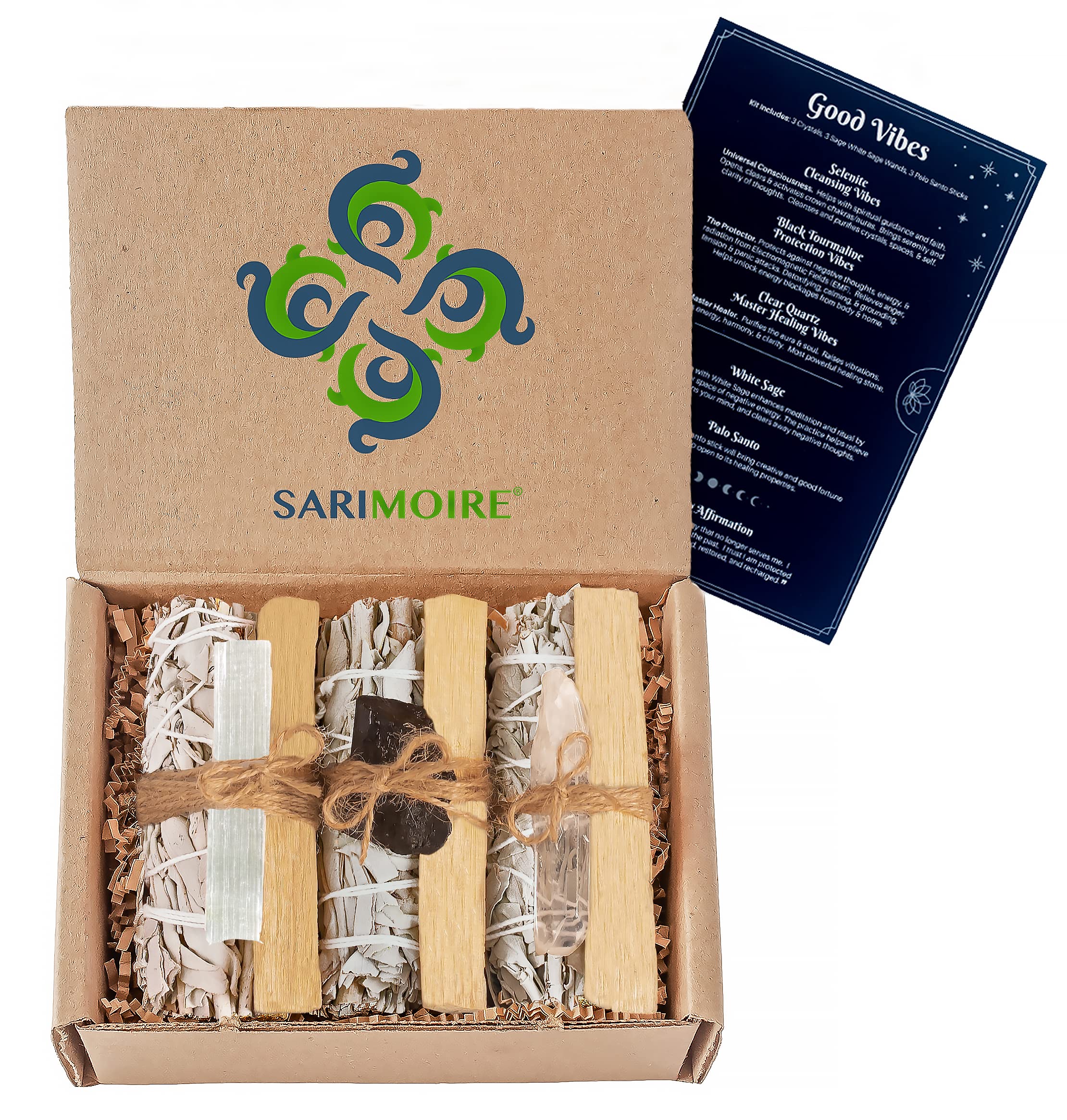 Sarimoire White/Black Metaphysical Spiritual Supplies - Sage Bundles Palo Santo Sticks Selenite Tourmaline Clear Quartz Crystals Stones - Good Vibes Kit