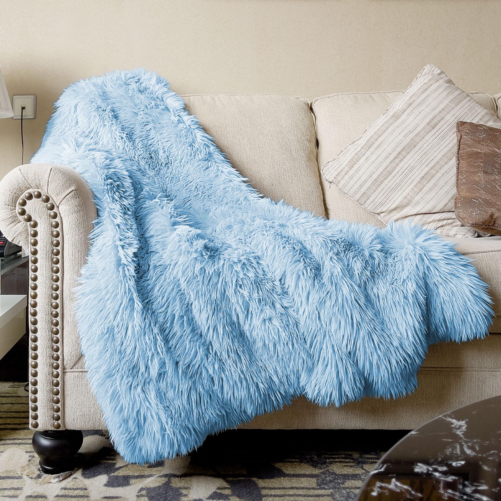 JONIYEAR Extra 2.8" Long Hair Fluffy Faux Fur Throw Blanket 50" x 60", Luxury Soft Decorative Fuzzy Furry Blankets for Couch, Cozy Plush Shaggy Blankets for Sofa Bed, Cute Lovely Blanket for Pet, Blue — image 1