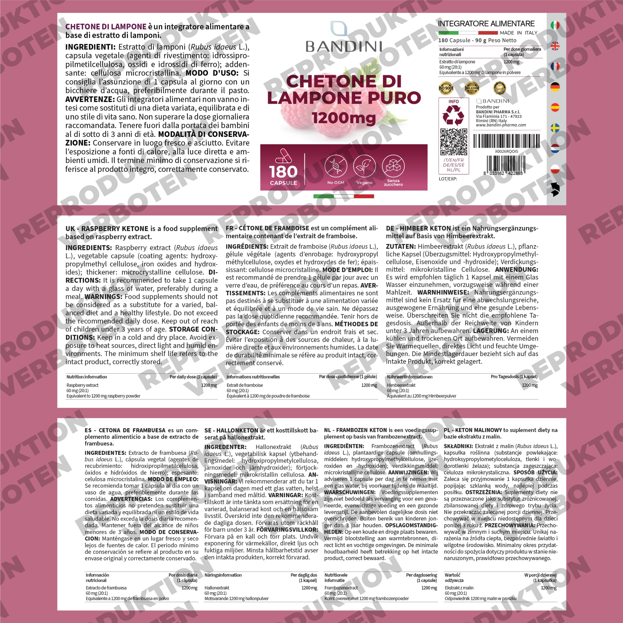 Bandini® Himbeer Keton 1200 mg - Raspberry Ketone mit Himbeerfruchtextrakt - 180 Kapseln für 6 Monate - 100% Vegan Himbeerketon Supplement - Ideal für Keto-Diät & Low Carb - Ohne Magnesiumstearat