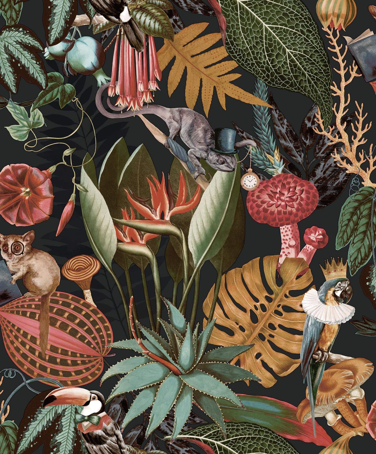 Yöl Black - Full Roll Wonderland Jungle Exotic Wallpaper Holden Black Birds Animals