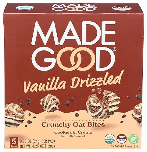 MadeGood - Bocaditos de avena crujientes de vainilla rociados, paquete de 5, aperitivos orgánicos