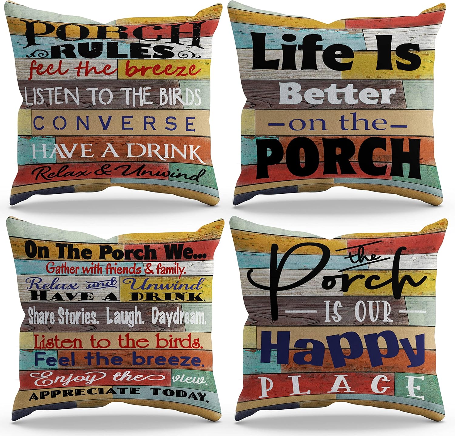 The Deck Is Our Happy Place Throw Pillow Cover Pillowcase 18x18 Inch Set Of 4 Decor For Farmhouse Porch Bench Pillow Room Bed Sofa, Backyard Decor, Deck Decor, Deck Rules Pillow, Gifts Housewarming