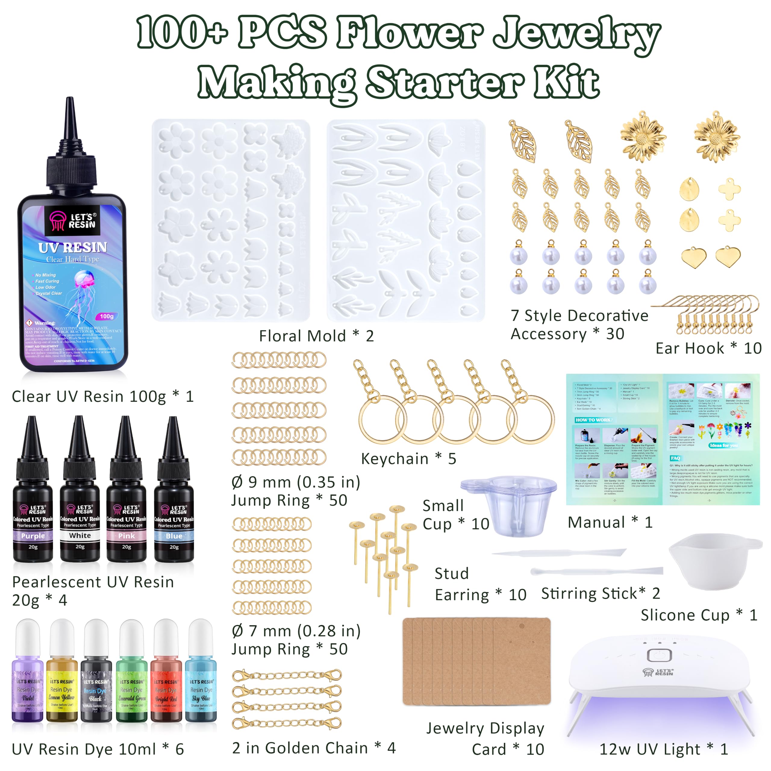 LET'S RESIN Kit in resina UV con luce, kit per la creazione di gioielli floreali con stampi in resina, coloranti in resina, ciondoli e gioielli per portachiavi, orecchini, collane, ciondoli