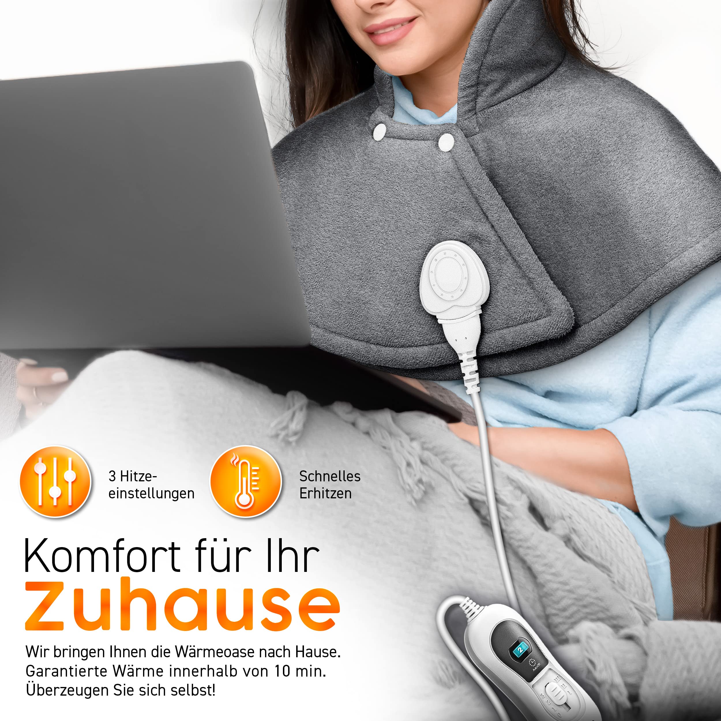 sinnlein Heizkissen elektrisch für Schulter, Nacken und Rücken | Heizcape mit 3 Temperaturstufen & Abschaltautomatik | Wärmekissen mit Abschaltautomatik und 100W