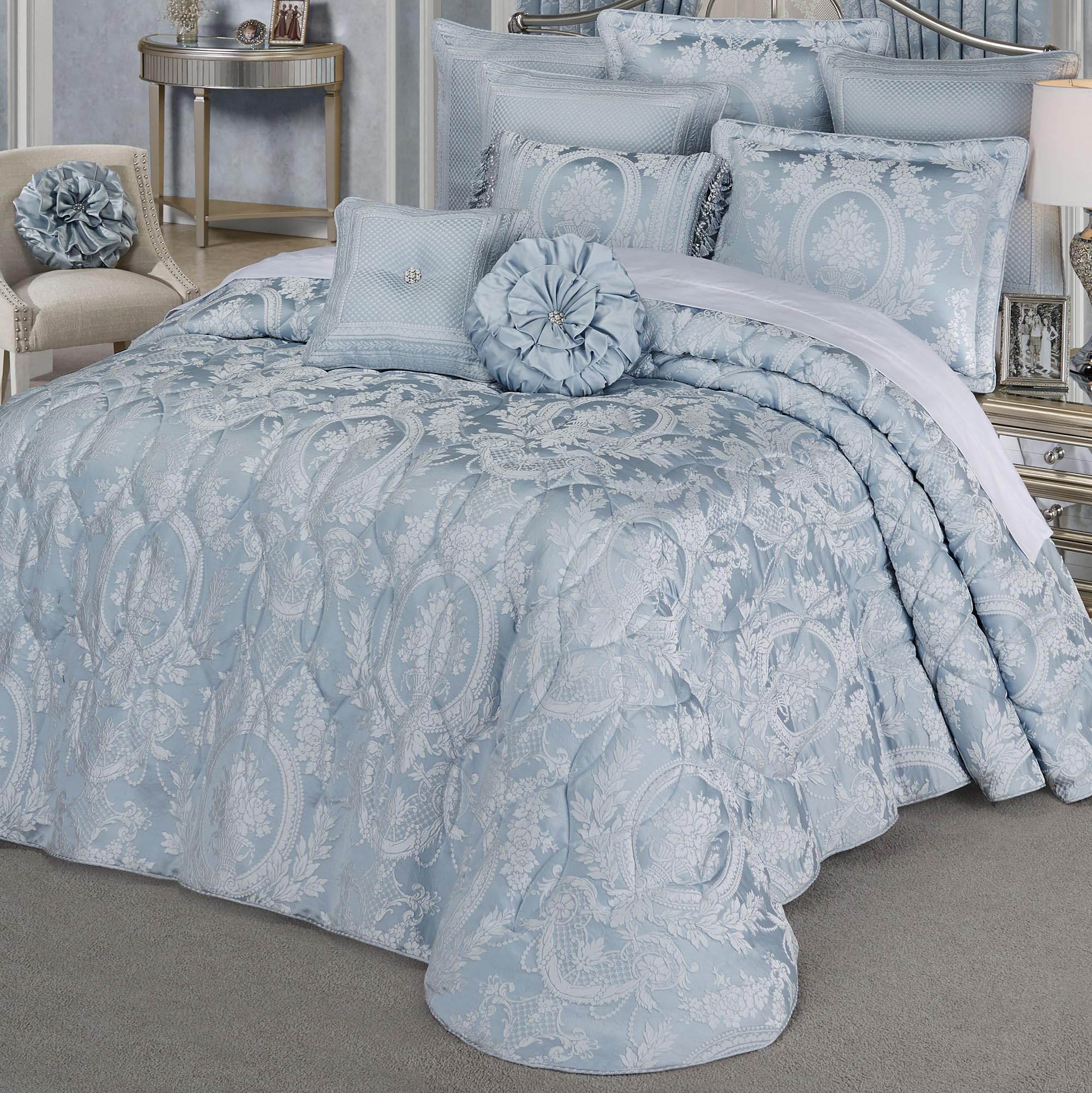 Contessa Luxury Bedding | Iced Platinum and Pastel Powder Blue | Puff Jacquard-Woven Traditional Floral Bouquet and Swag Motifs | 3 Piece Bed Set Includes California King Bedspread and 2 King Shams