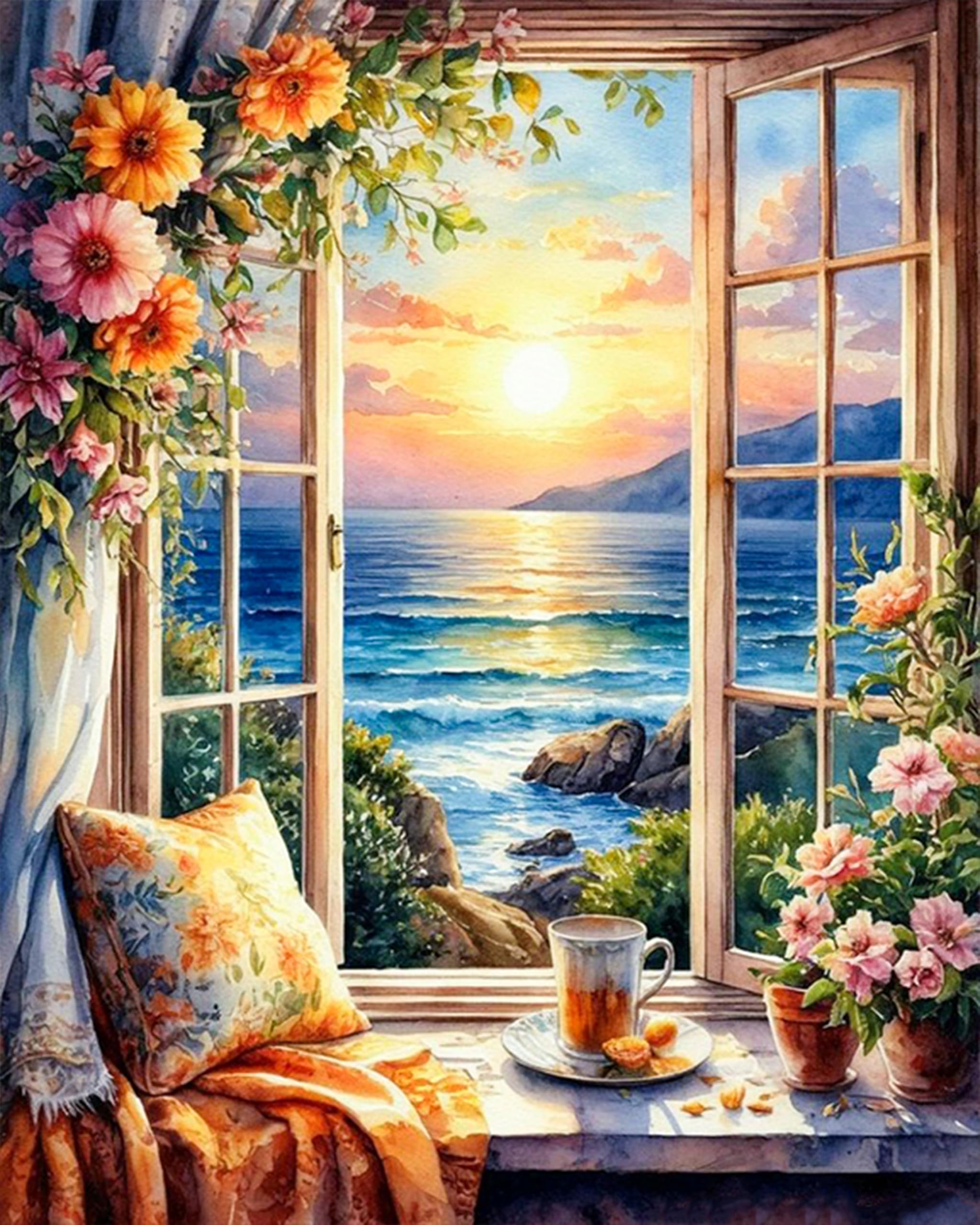 Window Landscape Paint by Numbers Kit for Adults 16x20 Inch DIY Painting