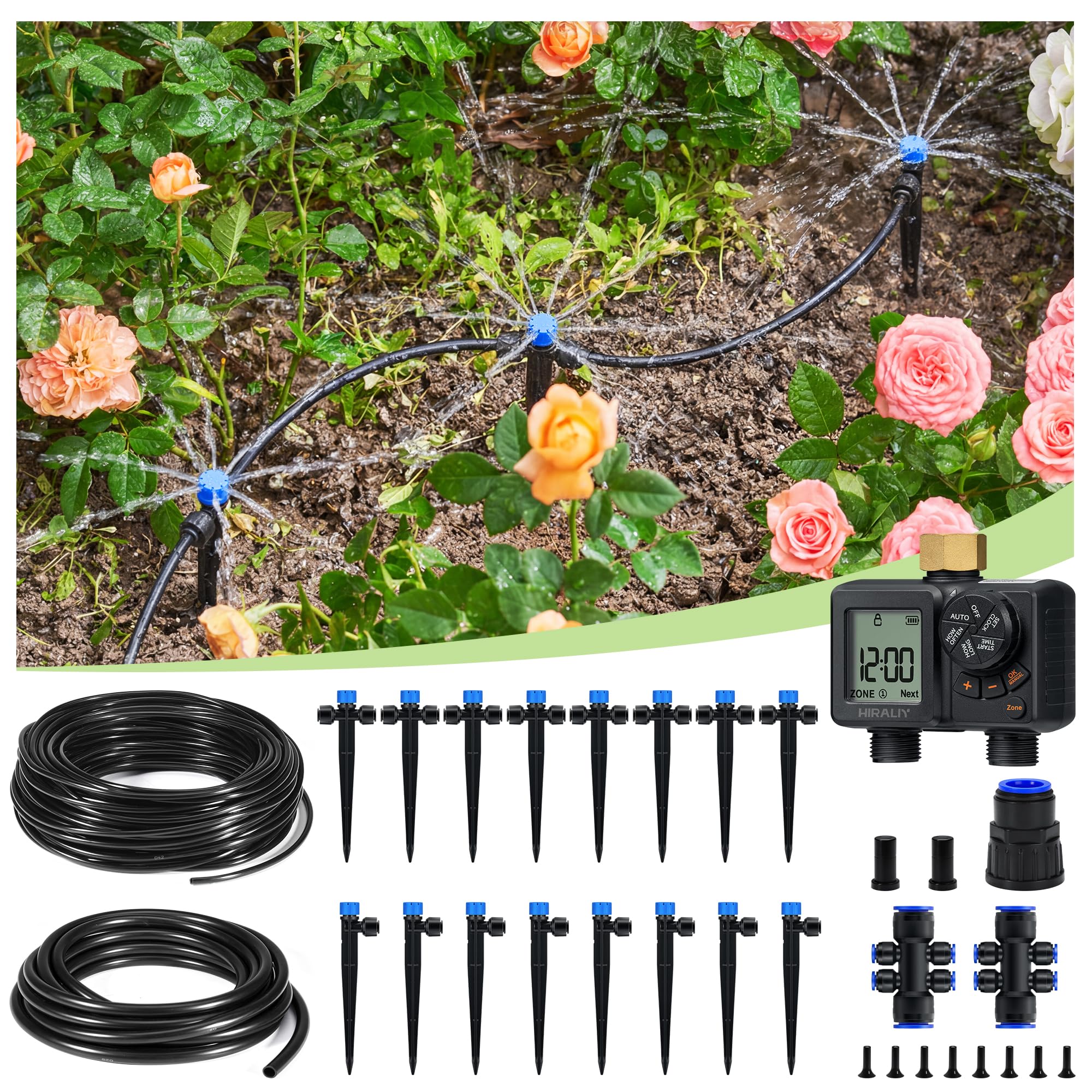 HIRALIY Kit di irrigazione a goccia da 2 m con timer per l'acqua da giardino a 2 zone, sistema di irrigazione automatico da giardino con gocciolatori a connessione rapida, kit timer di irrigazione