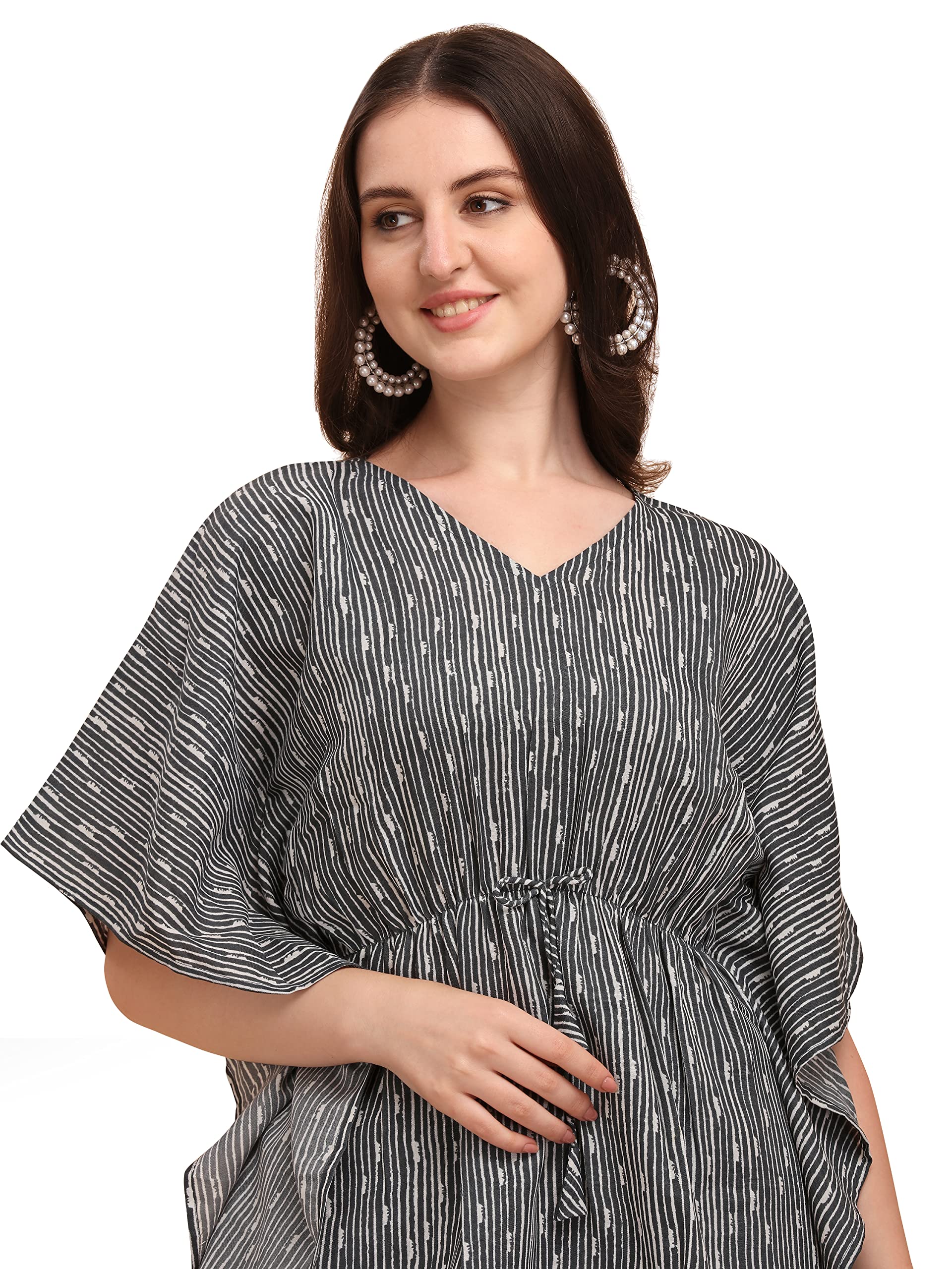 NAINVISH Women's Cotton Blend Straight V-Neck Printed Kaftan Top with Pant (SD229_KB-S_Grey) 3