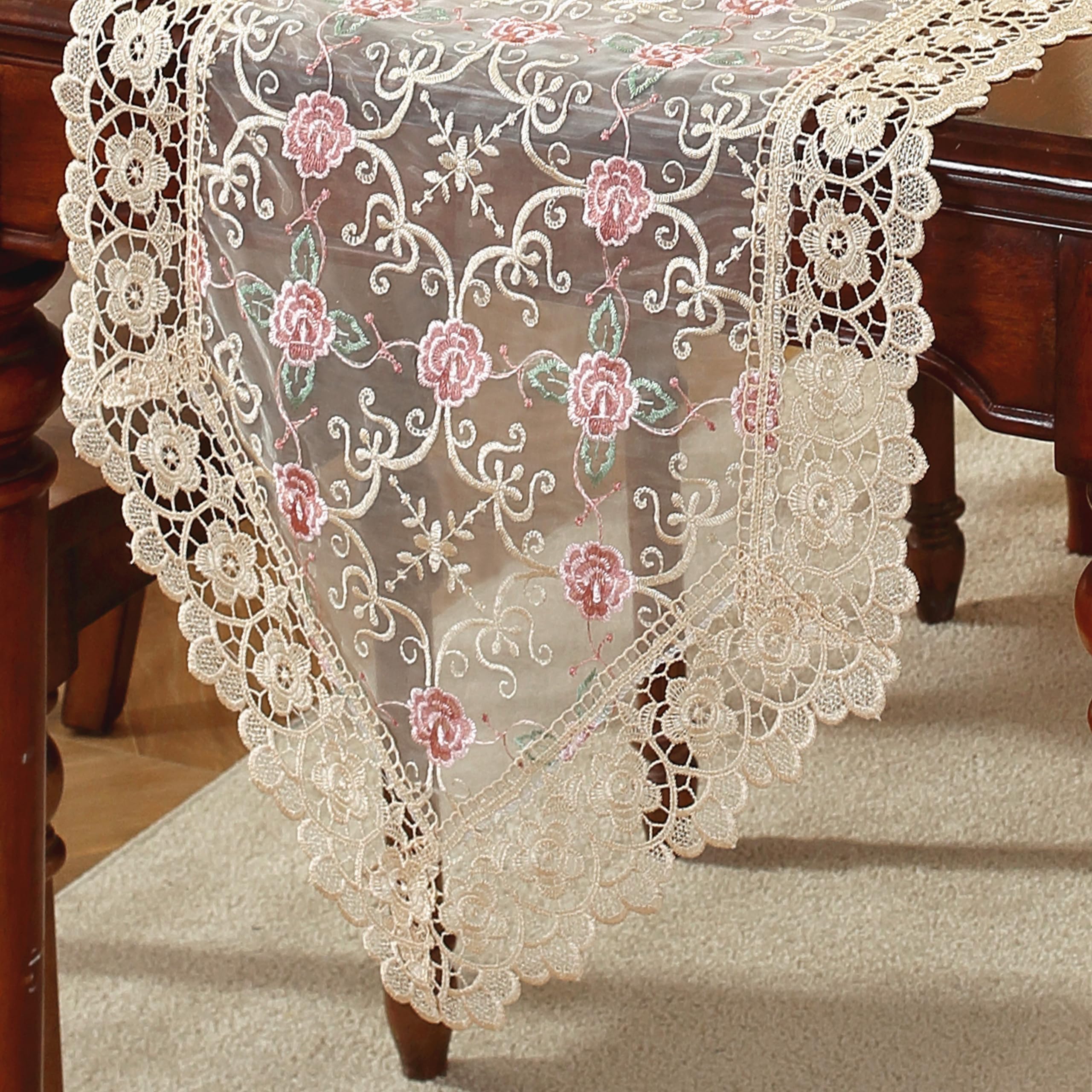 Lace Floral Embroidery Table Runner, Polyester Rectangle