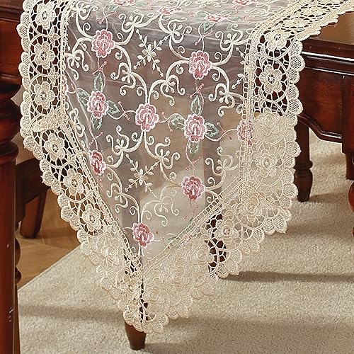 DIGNFYING - Camino de mesa de encaje dorado bohemio para mesa con bordado de flores rosas, caminos de mesa de encaje de ganchillo vintage para mesa