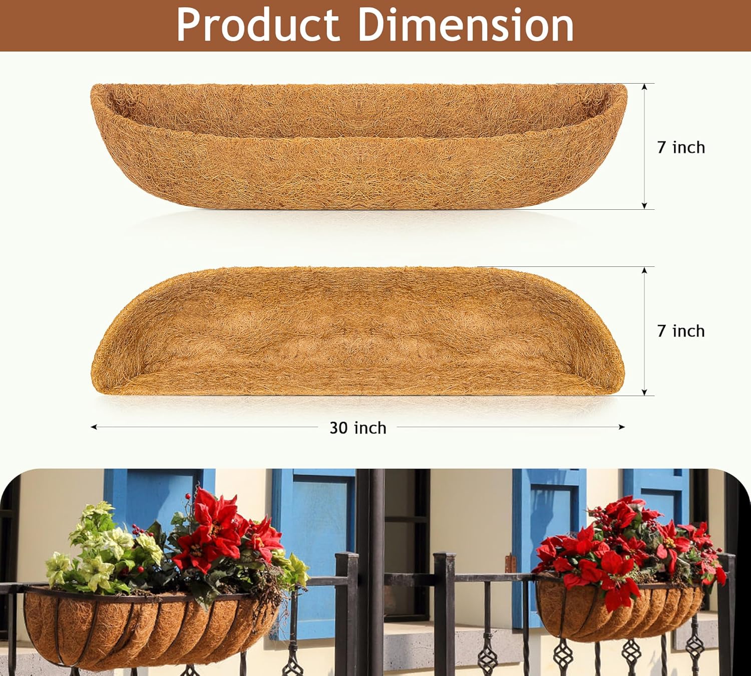 Y&M 3PCS 30" Horse Trough Coco Liners for 30 Inch Window Deck Box, Pre Formed Replacement Coco Liner for Window Deck Basket