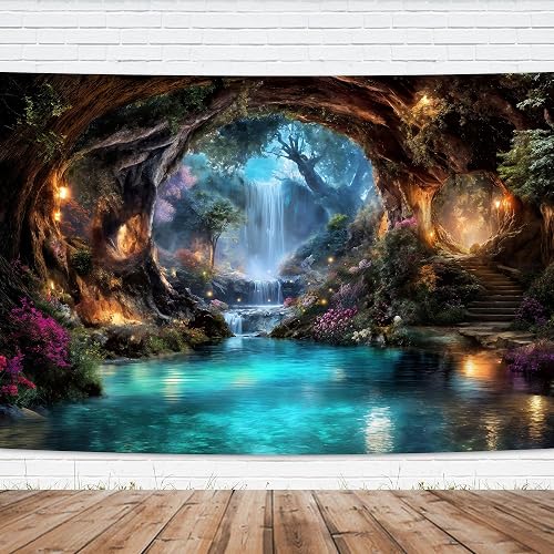 Fairy Woodland Backdrop 7Wx5H Feet Enchanted Teal Spring Flower Green Tree Waterfall Cave Polyester Fabric Magic Nature Botanical Photography Backgrounds Photo Shoot Decor Props Decoration