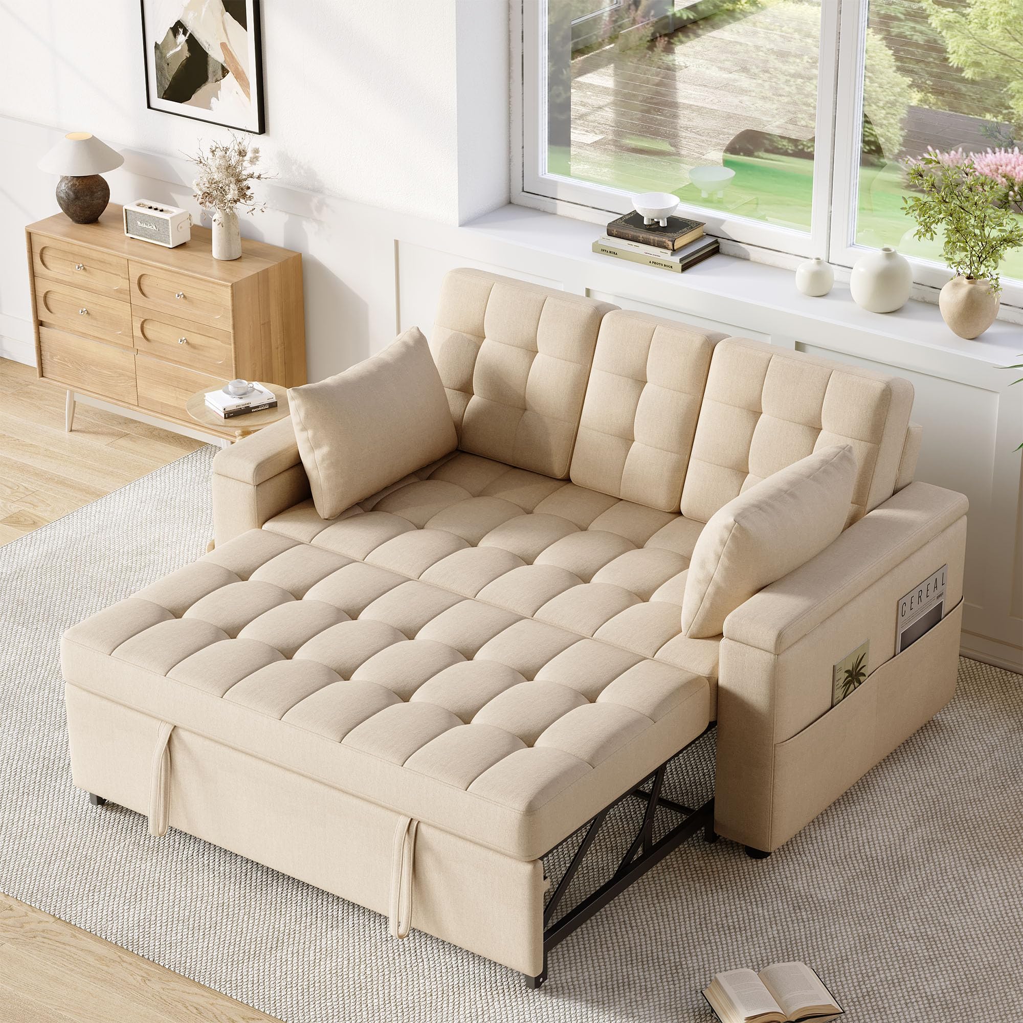 REXO Sofá cama de 2 plazas con espacio de almacenamiento y respaldo ajustable, sofá con reposabrazos y cojines, sofá plegable versátil para salón, dormitorio o apartamento, color beige