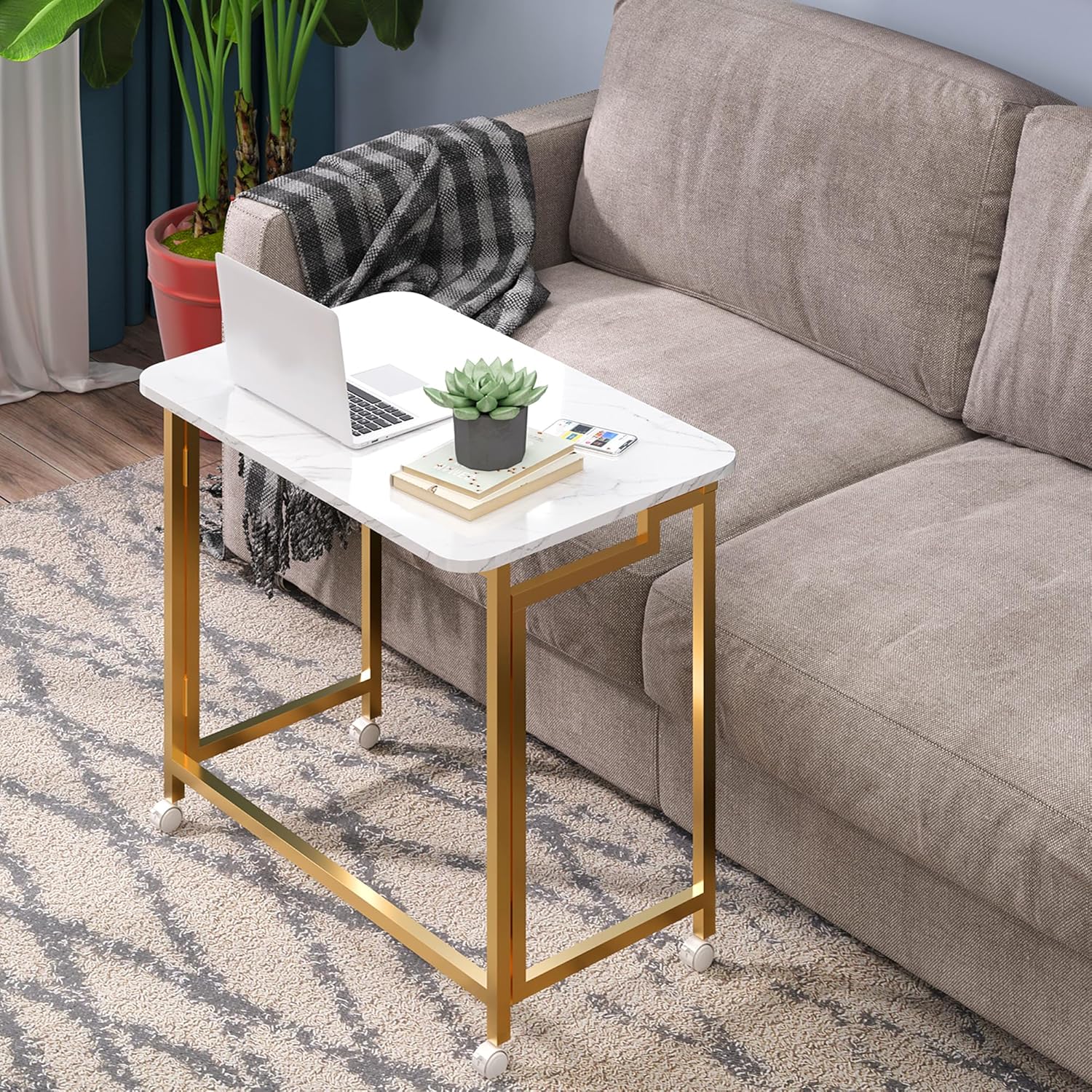 4NM 23.6" Mobile Small Rolling Computer Desk, Folding Laptop Cart Table with Wheels, Portable Office Desk for Small Space Couch Bed - White and Golden