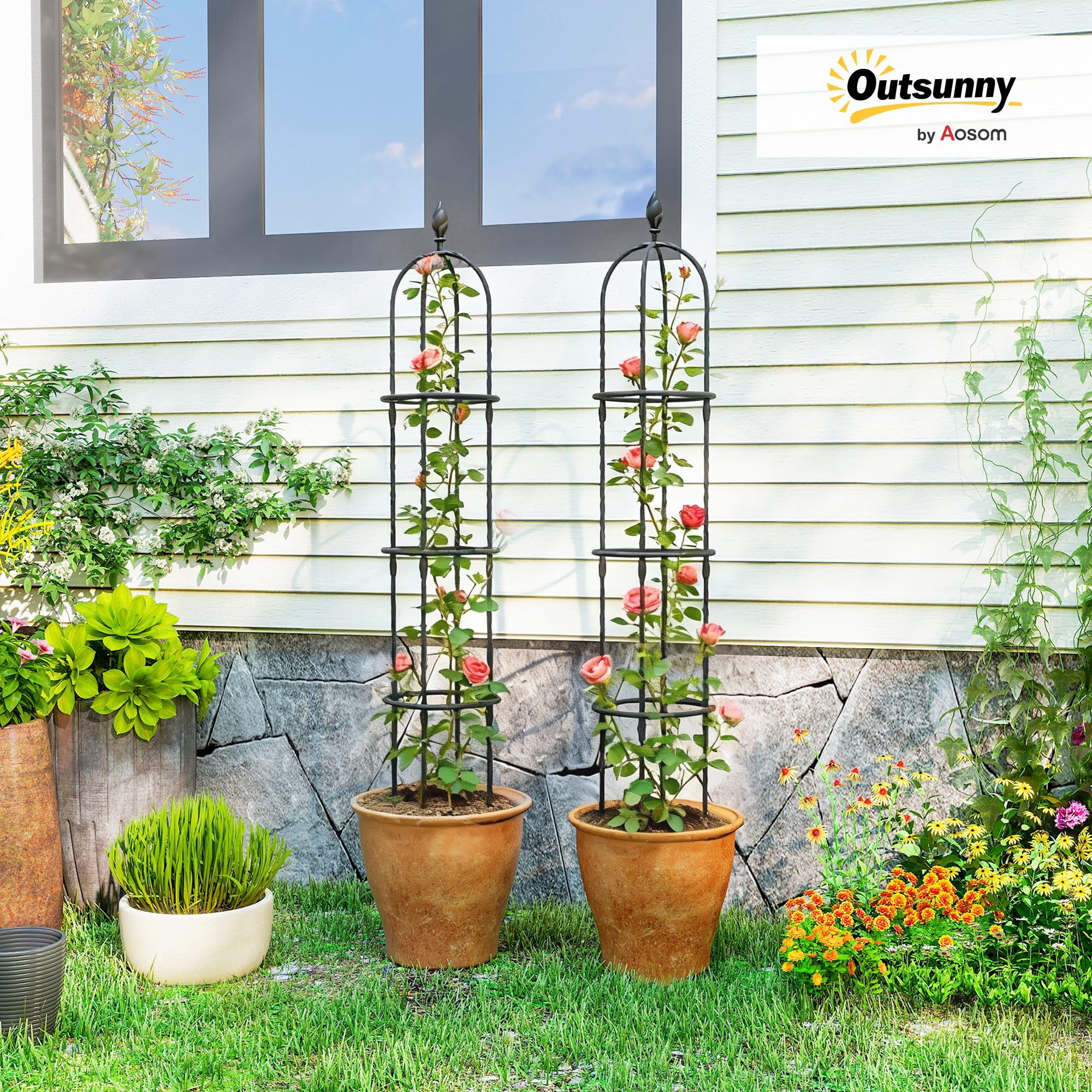 Outsunny Set di 2 Supporti per Piante Rampicanti Alti 1.74 m, Traliccio per Rampicanti da Giardino Alti in Acciaio Rivestito in PE con Decorazioni, per Rose, Pomodori, Fiori, Piselli e Verdure, Nero