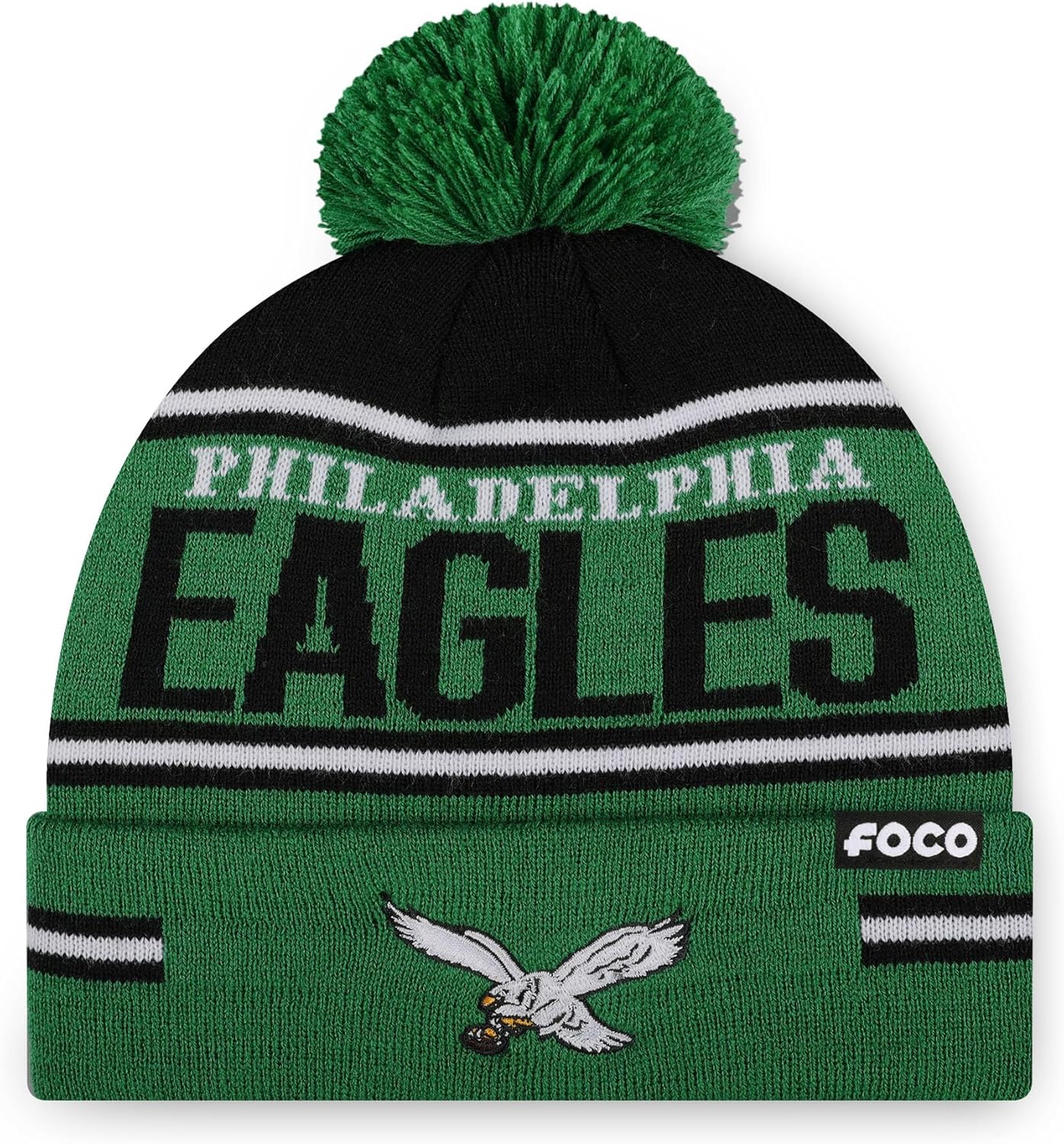 FOCO NFL Team Logo Big Wordmark Stripe Pom Beanie Hat