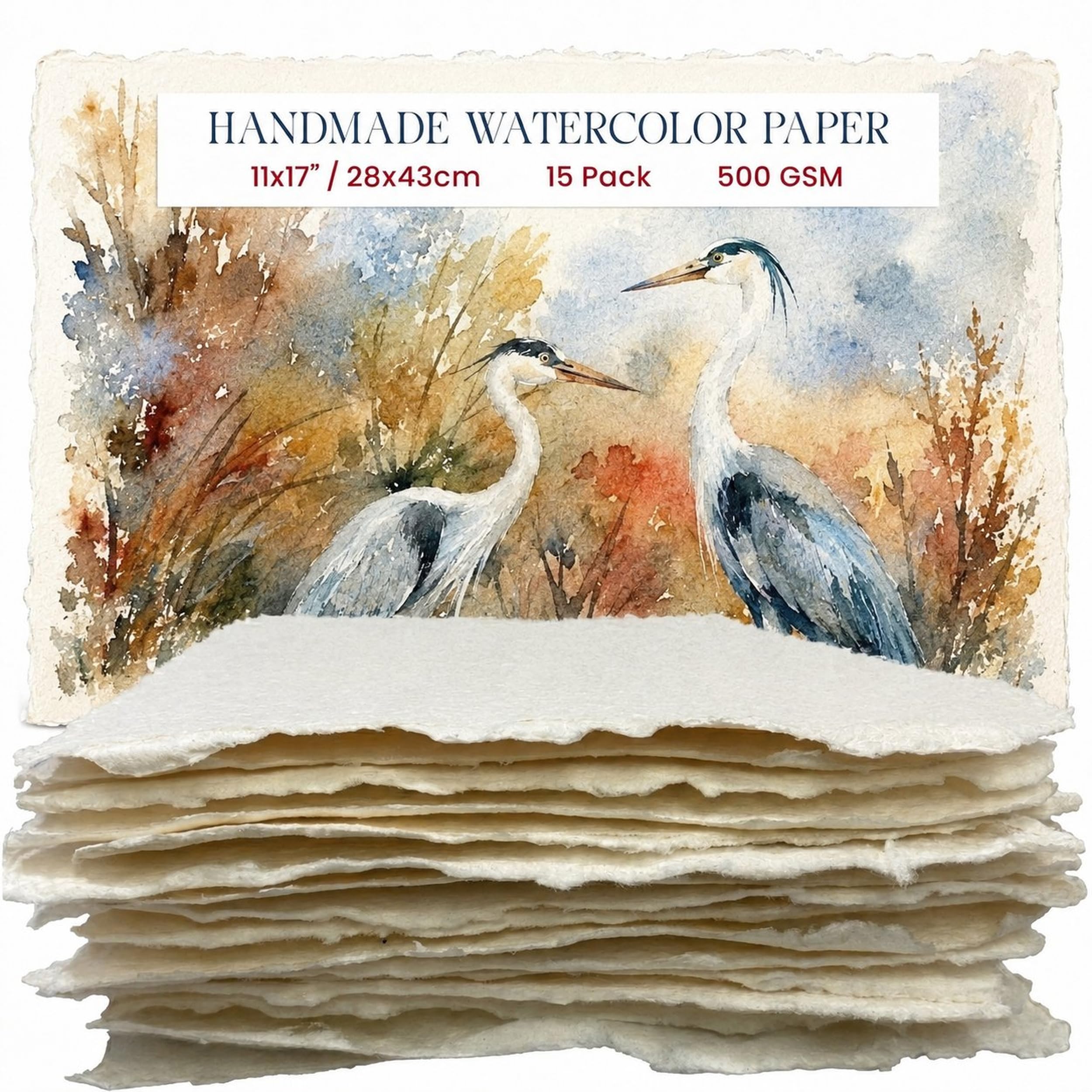 Wanderings Thick Handmade Watercolour Paper with Deckled Edge - 28x43 Cm - 500gsm Premium Ivory Cold-Pressed Textured Mixed Media Paper Made with Recycled Cotton - 15 Loose Leaf Sheets