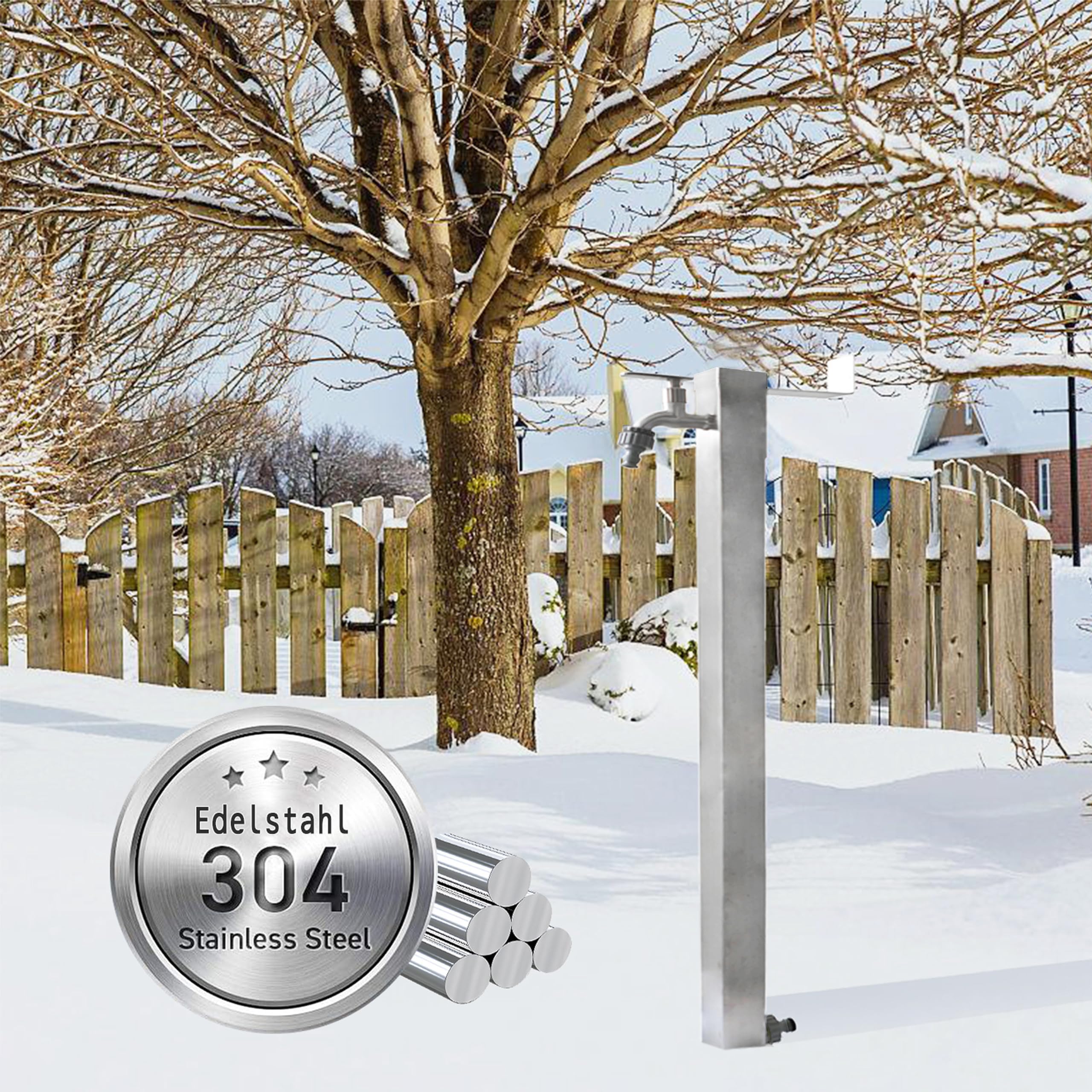 Elbe Columna de agua de jardín cuadrada de acero inoxidable 87 cm - Resistente a las heladas - Con soporte para manguera, rosca exterior G1/2, con dos adaptadores de manguera de riego