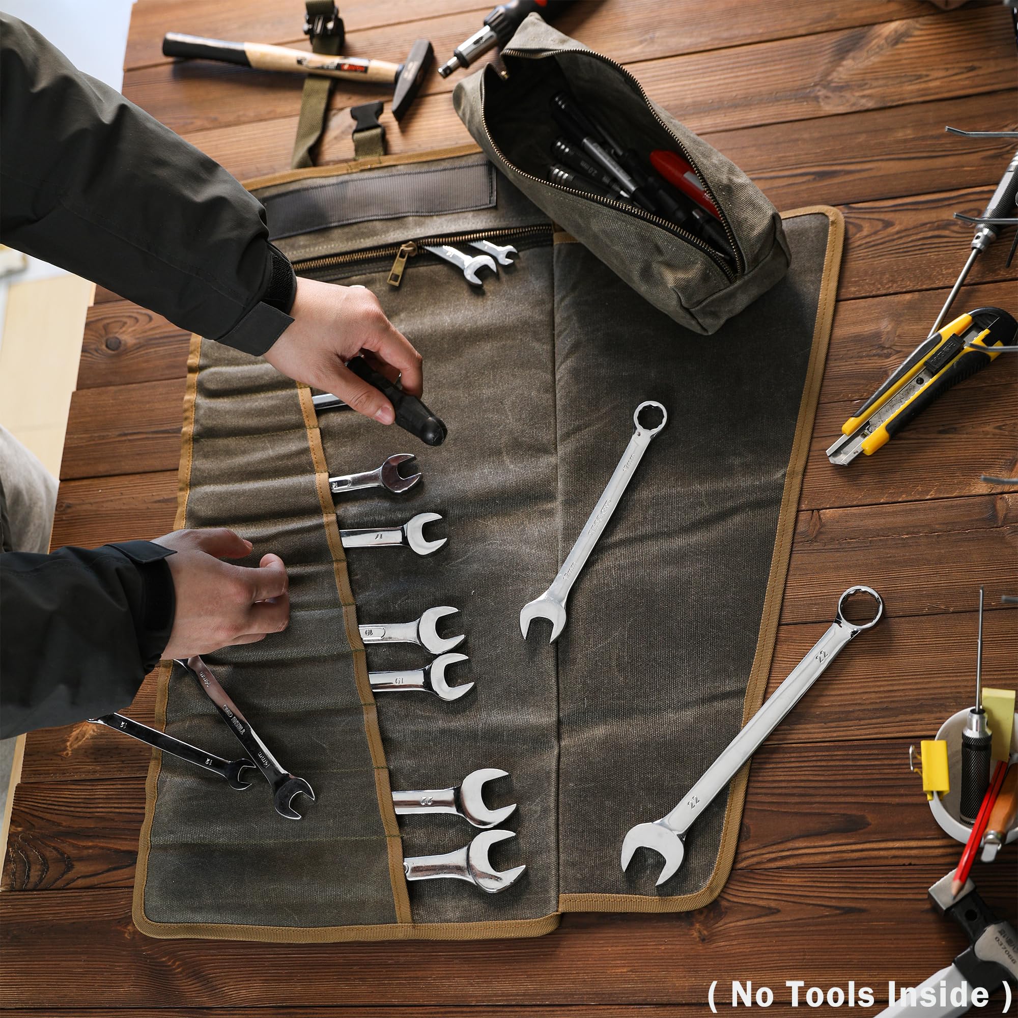 Rouleau d'outils en toile cirée, robuste de 453,6 g – avec 13 emplacements à outils + 2 poches zippées – Vert kaki, organiseur de clés enroulable portable pour artisans, entrepreneurs, réparateurs,