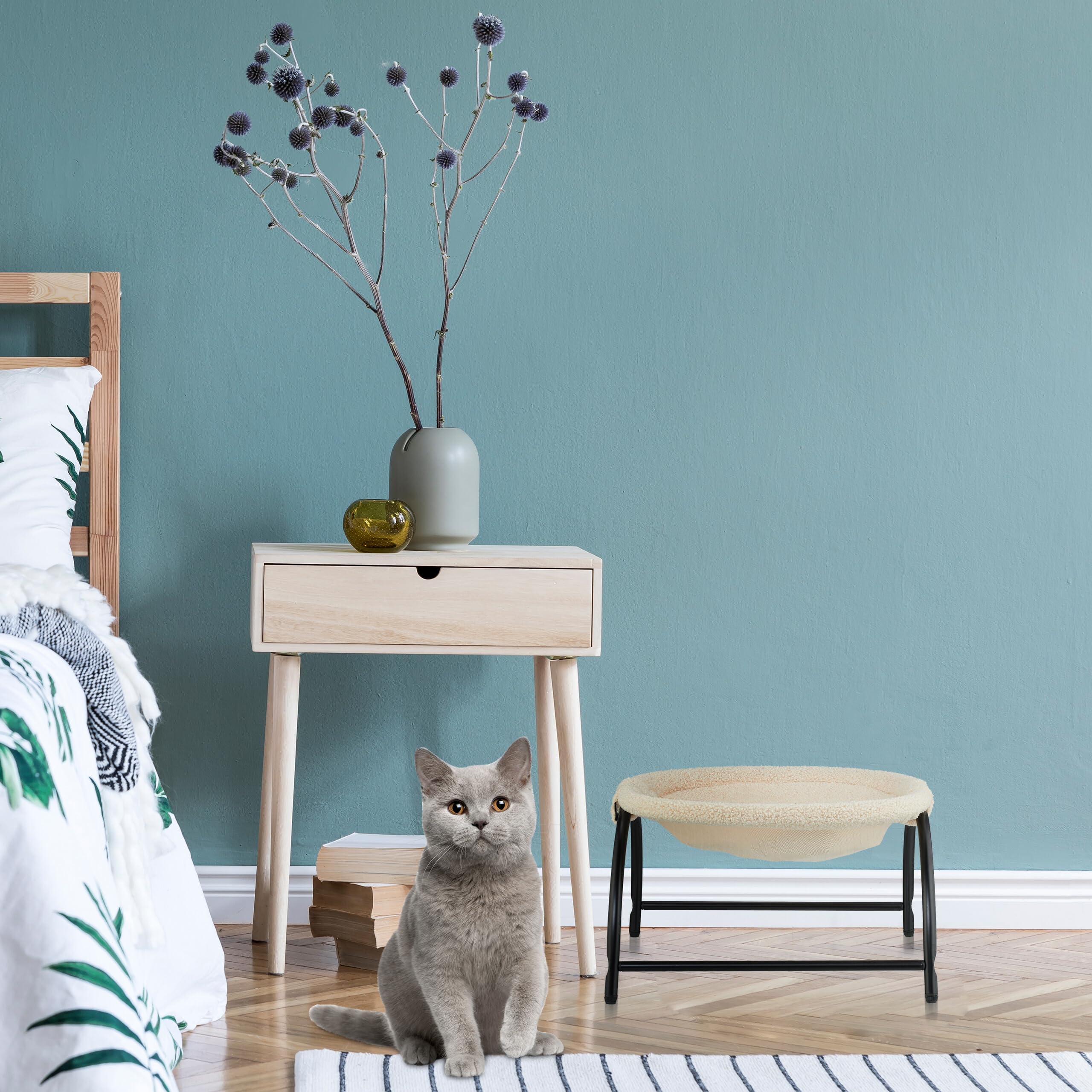 Relaxdays Cama Elevada para Gatos, Hamaca Mascotas, Felpa, 25 x 45 x 42 cm, Colchoneta Felinos con Soporte, Beige/Negro, Acero, Poliéster