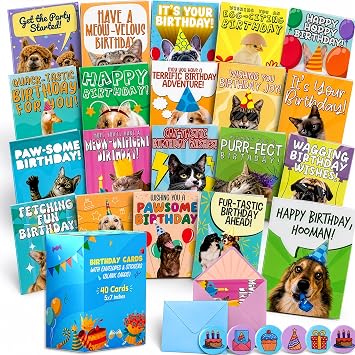 40 Funny Kids Birthday Cards with Envelopes & Stickers, 57"