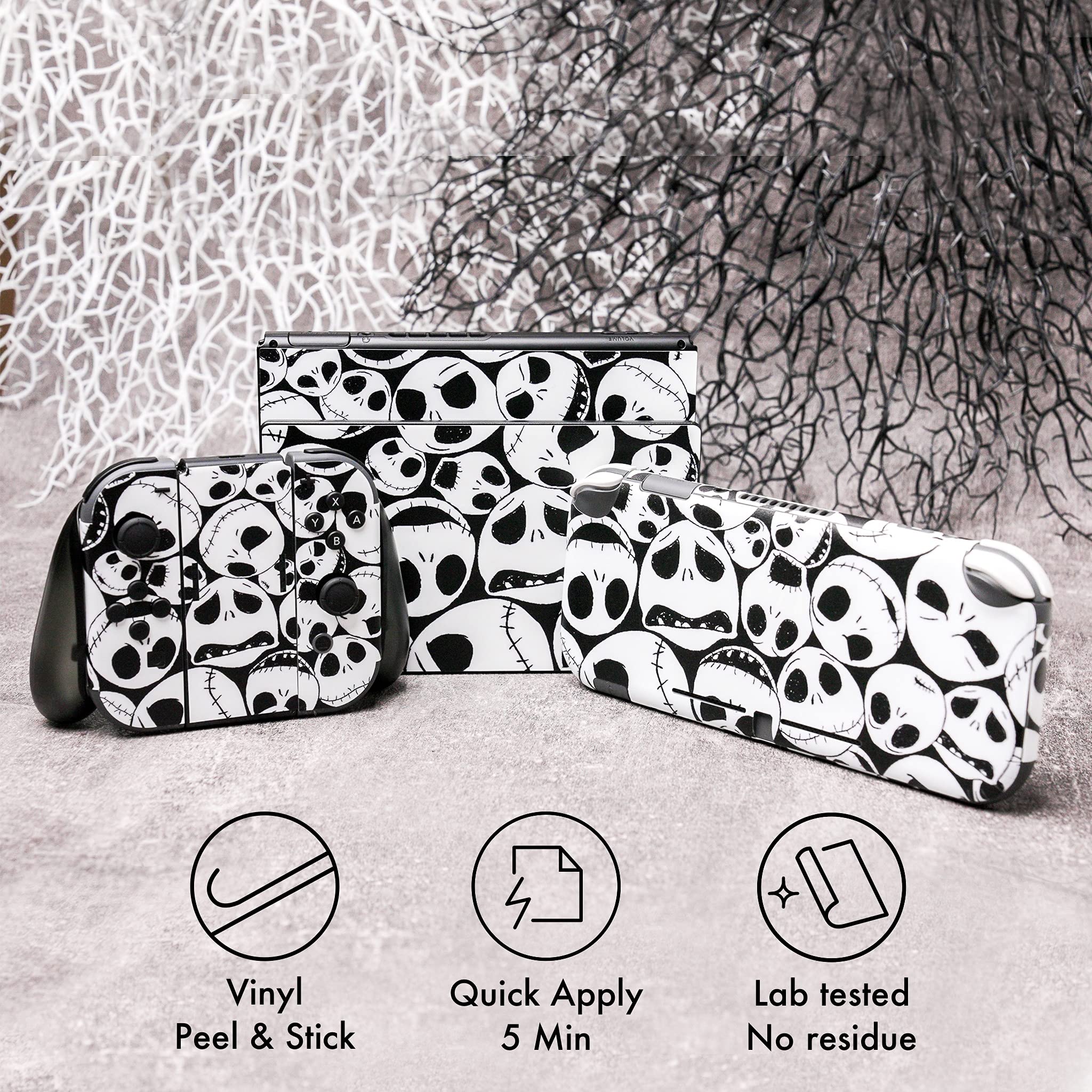 BelugaDesign Skulls Switch Skin | Adesivo Gotico in Vinile per Switch | Decalcomania per Halloween da Incubo | Compatibile con Nintendo Switch (Switch Lite, Nero Bianco)