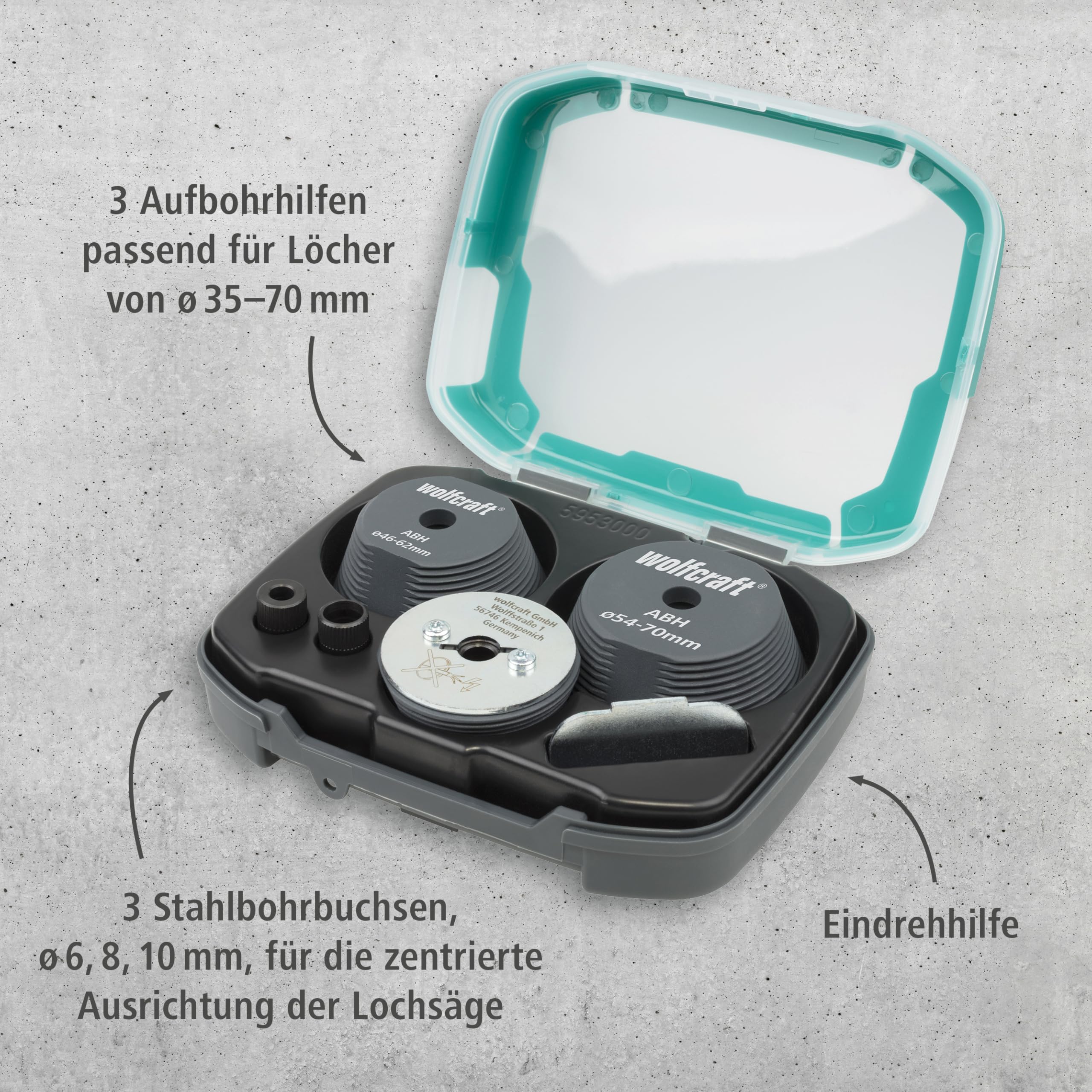 wolfcraft Aufbohrhilfe-Set für Lochsägen - Vorhandene Lochbohrungen erweitern I größere Spots in die Decke einbauen I Einbauhilfe für Halogenstrahler - Zentrierhilfe - Made in Europe - 5953000