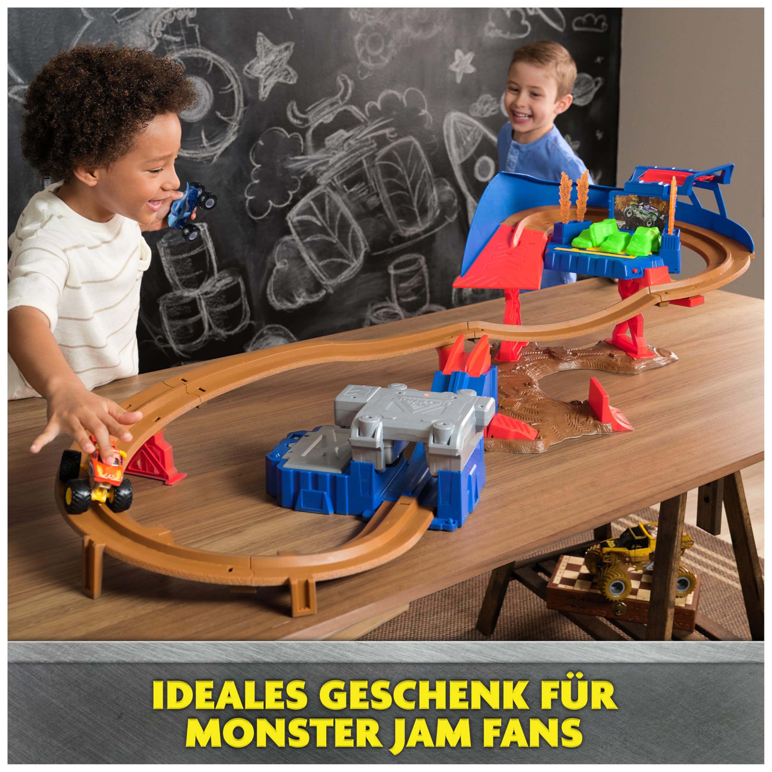 Monster Jam, Supercharge Speedway Spielset, mit den Trucks Megalodon und EL Toro Loco im Maßstab 1:64, actiongeladene motorisierte Stunt-Strecke mit Rampen, Beleuchtung und viel Zubehör, ab 3 Jahren | Maßstab 1:64, El Toro Loco und Megalodon, kompatibel m
