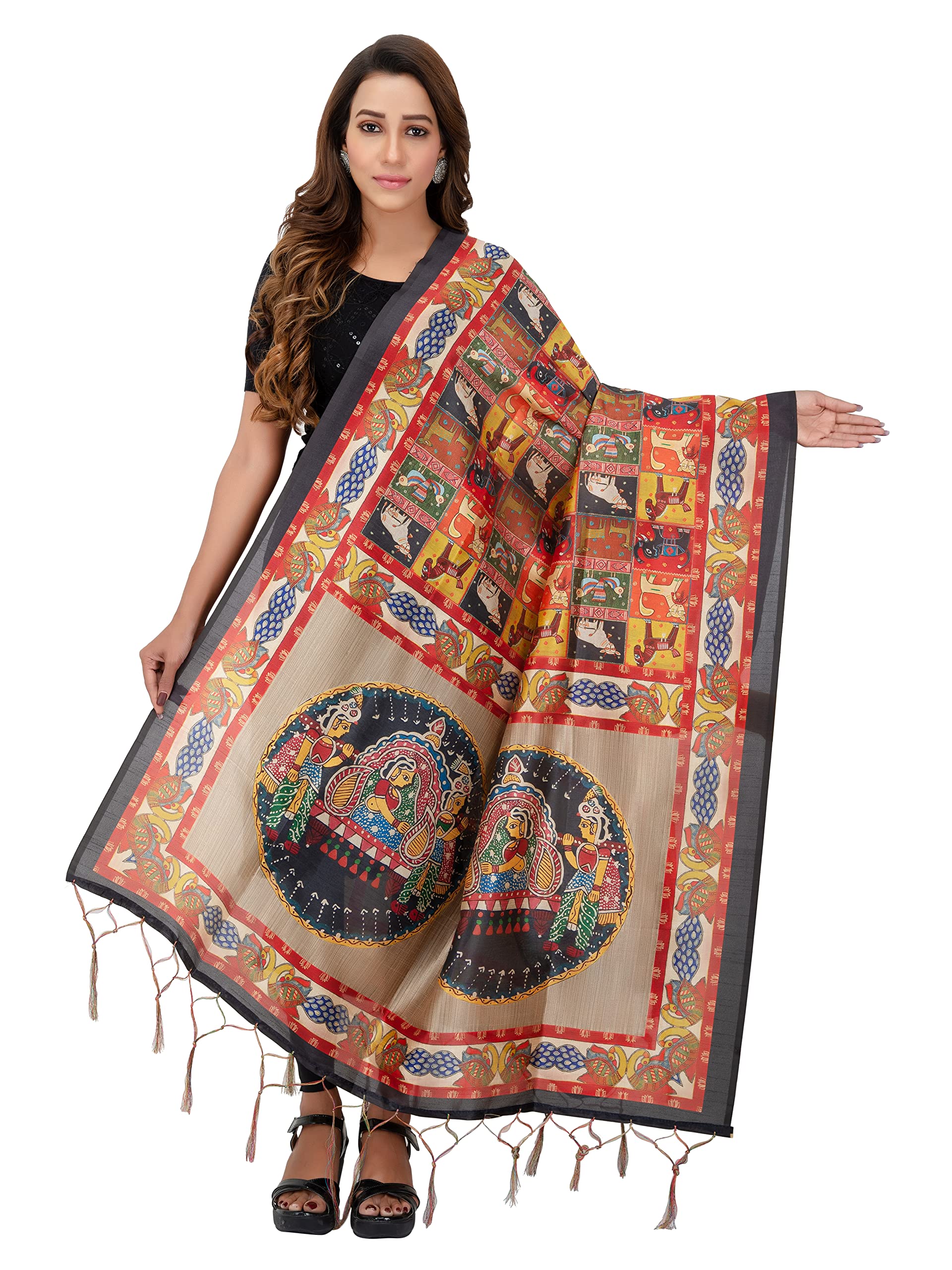 Shoppy Villa Women’s Chanderi Silk Dupatta | Multicolored Floral Digital Print with Zari Border | Elegant Designer Ethnic Dupatta for Festive | 2.30m x 1.12m-image-46