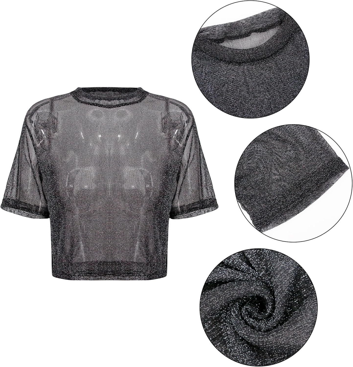 Testudineus Women's Summer Short Sleeve Tops See Through Mesh Sheer Sexy Glitter T Shirt Blouse - Image 6