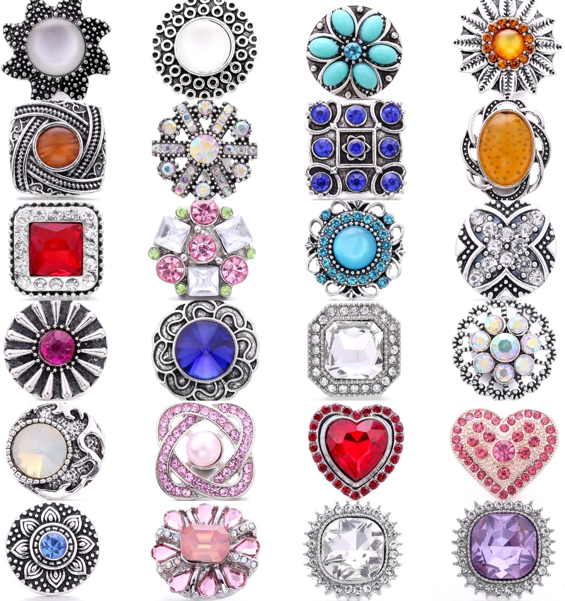 24Pcs Mixed Style Rhinestones Snaps Jewelry Charms Ginger Buttons 18/20mm for Interchangeable Snaps Jewelry Making Women Teens Girls DIY Bracelets Necklaces Rings Brooch Accessories(Multi-Color) (24)