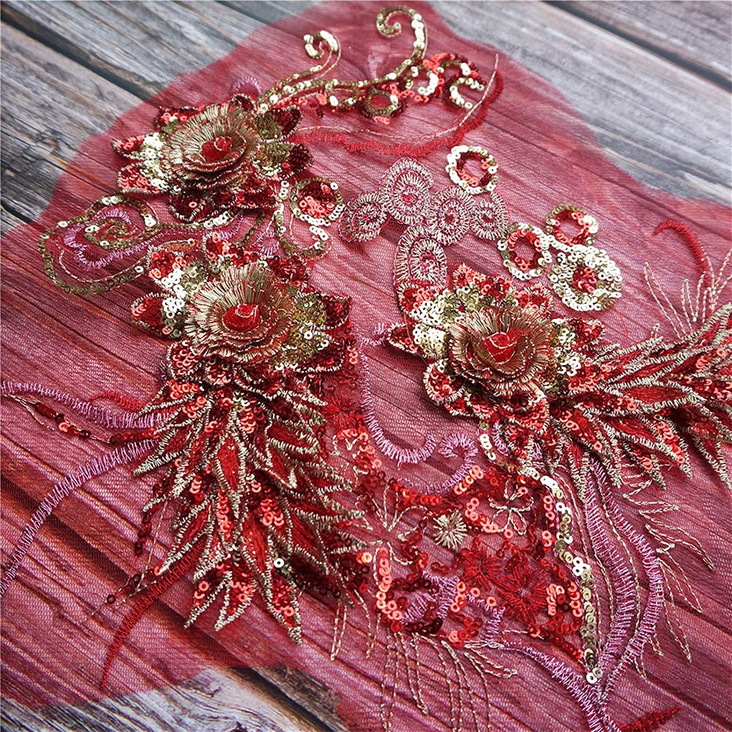 Amazon.com: AthuAh Embroidered Applique,Lace Appliques, Red Gold Lace  Fabric Sequin 3D Flower Tassel Wedding Gown Appliques Embroidered Trims  Collar Sew Patch for Dress Decoration (Color : Red)