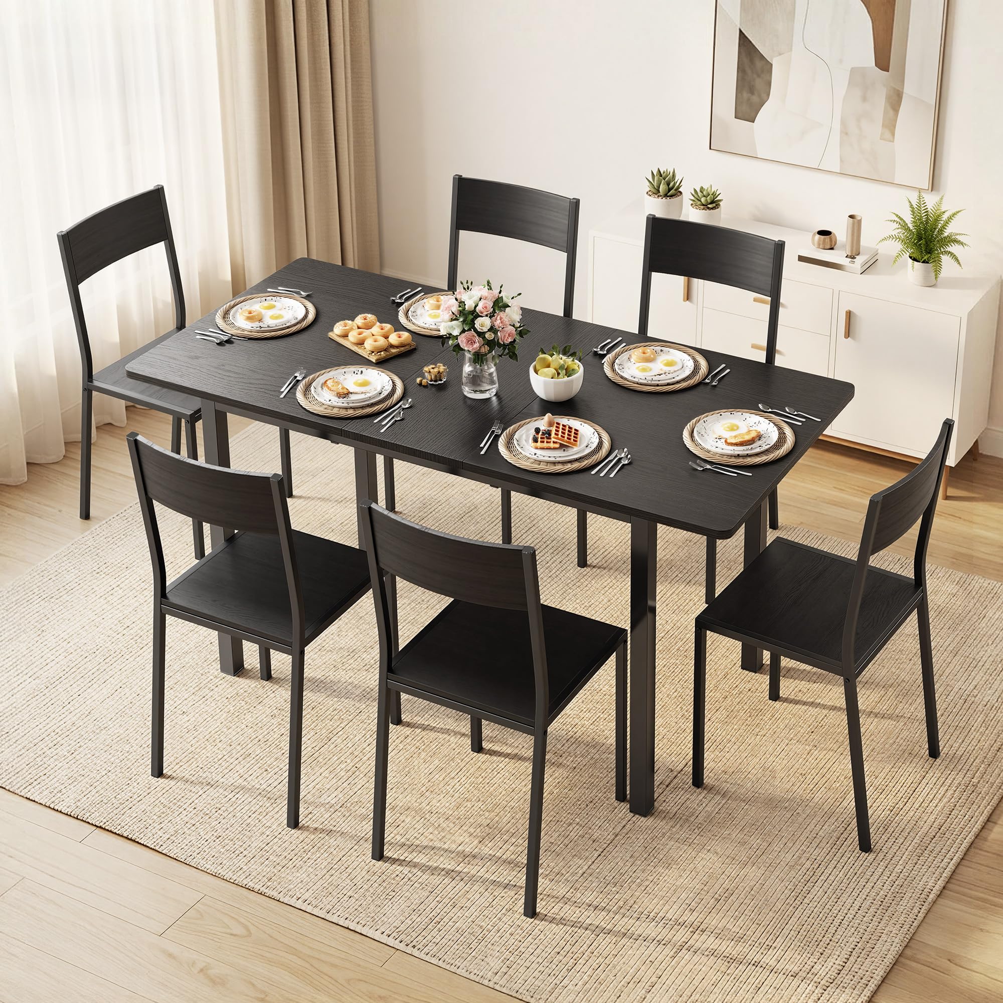 Xbro Conjunto Mesa y Sillas 6 Personas Extensible, Mesa Comedor con 6 Sillas, Ahorro de Espacio, Estructura Metálica Estable, Fácil de Montar, Cocina Comedor 110–140 cm