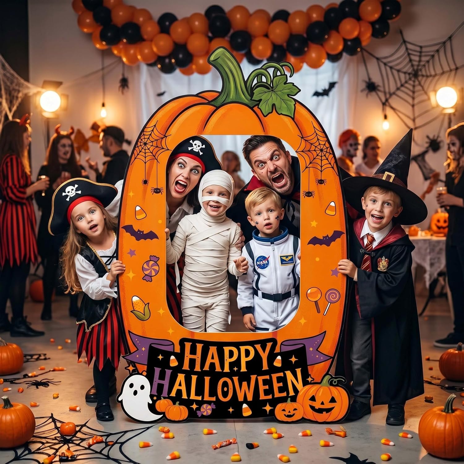 Giant Halloween Photo Booth Props 62x38.6 Inch, Pumpkin Picture Frame Cutout with 10M Ribbon, Happy Halloween Backdrop for Kids Trick or Treat Party Supplies Outdoor Indoor Decorations