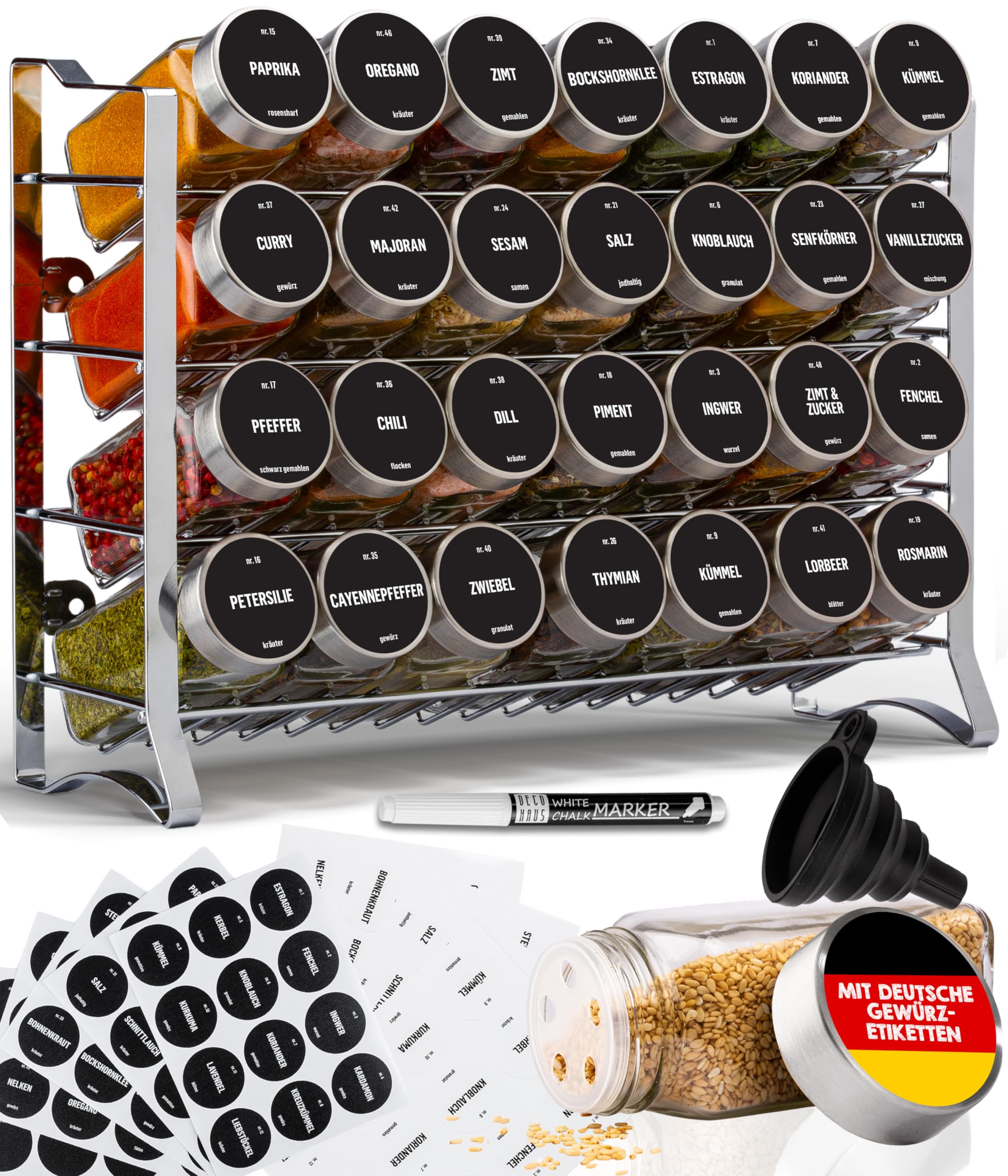Deco haus® Gewürzregal Stehend & Wand [MIT 28 GEWÜRZGLÄSER & ETIKETTEN] - Gewürz Organizer - Spice Rack Organizer - Gewürzständer Gewürzregale Hängend - Gewürzregal Schrank Schwarz Gewürzaufbewahrung