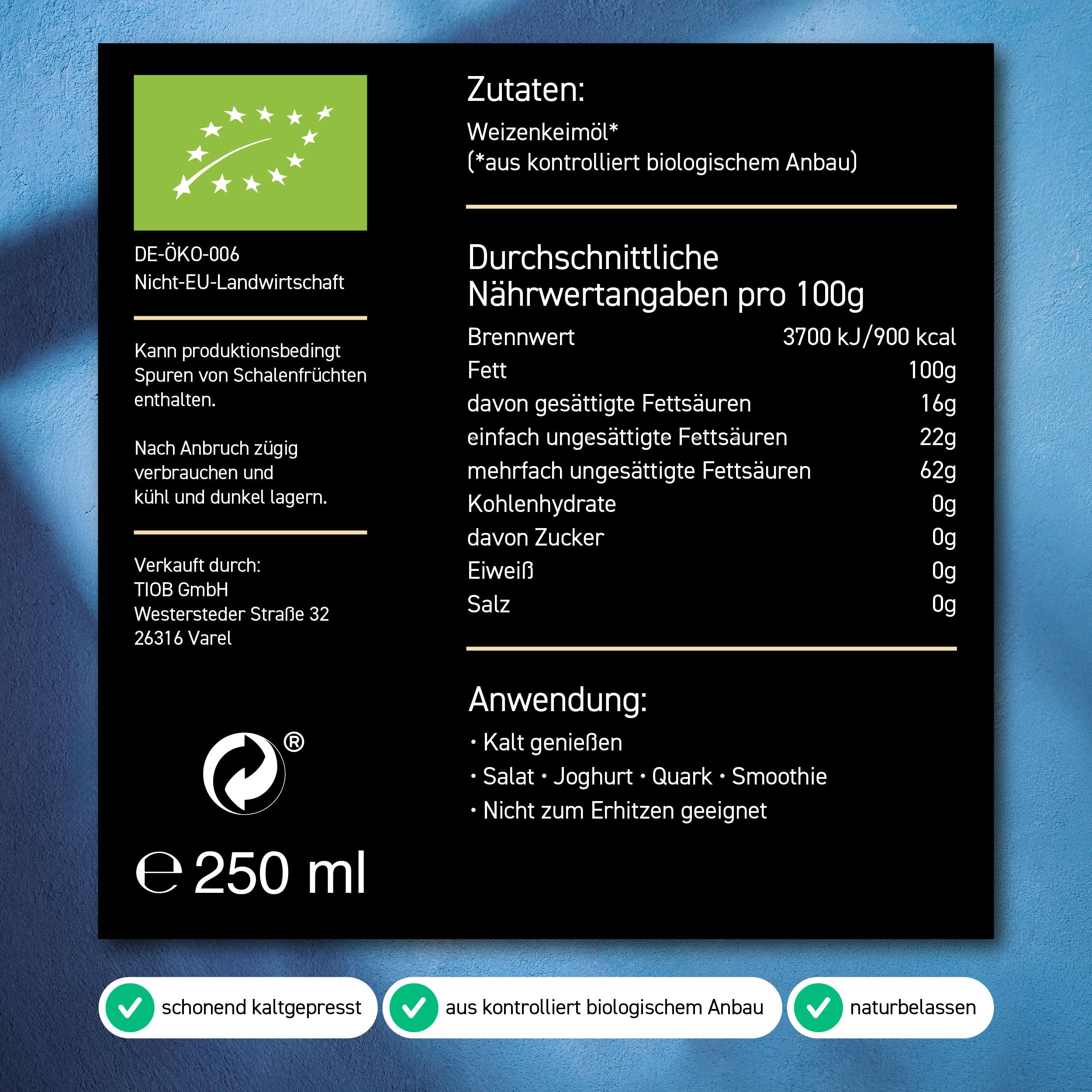 Natulio Bio Weizenkeimöl kaltgepresst 250ml - zur Ernährung sowie zur Hautpflege geeignet - reich an Omega 3 Fettsäuren und Vitamin E - zertifiziert nach DE-ÖKO-006