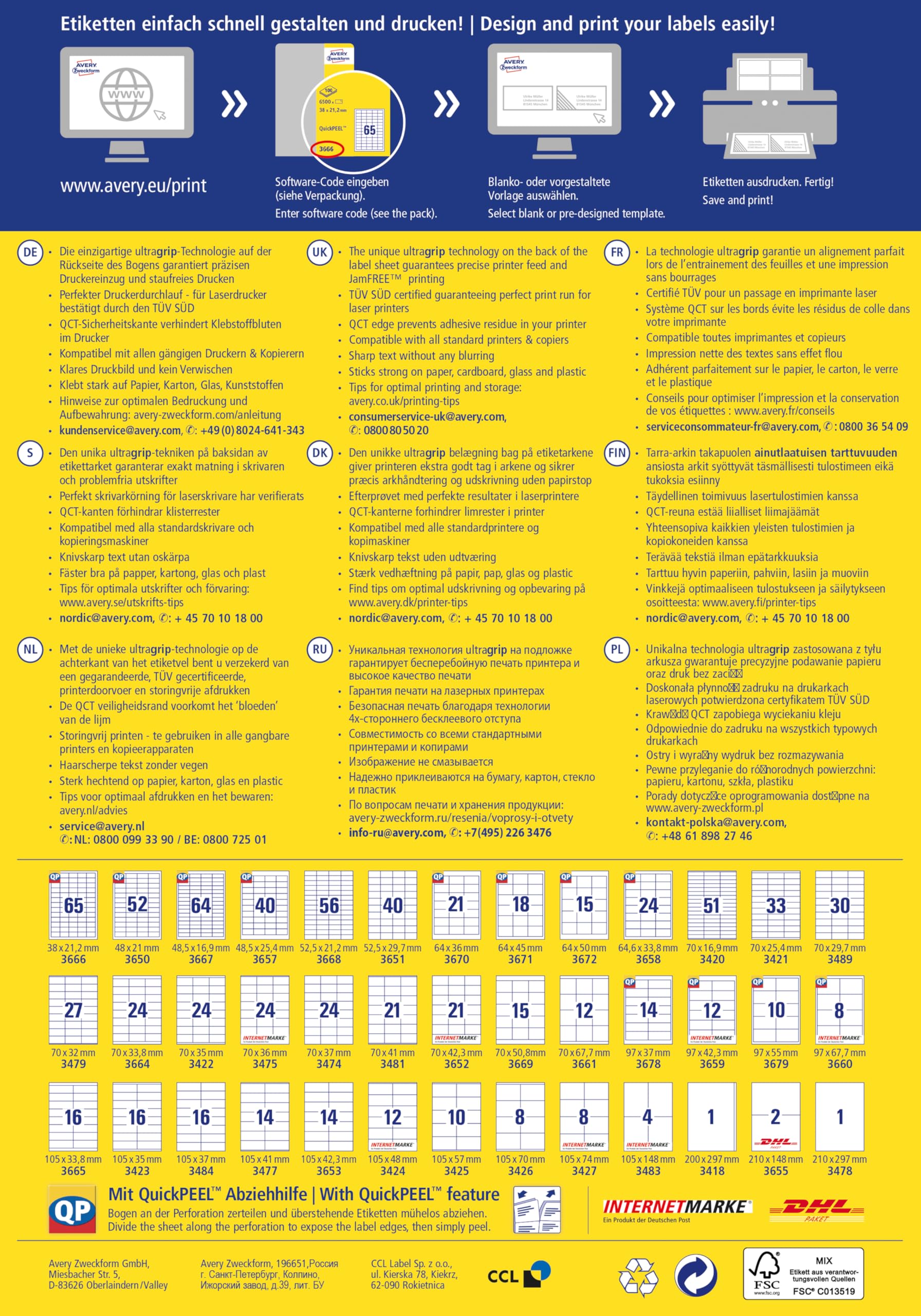 AVERY Zweckform 3479 Universal Etiketten 70x32mm A4 Papier matt selbstklebend 100 Blatt weiß
