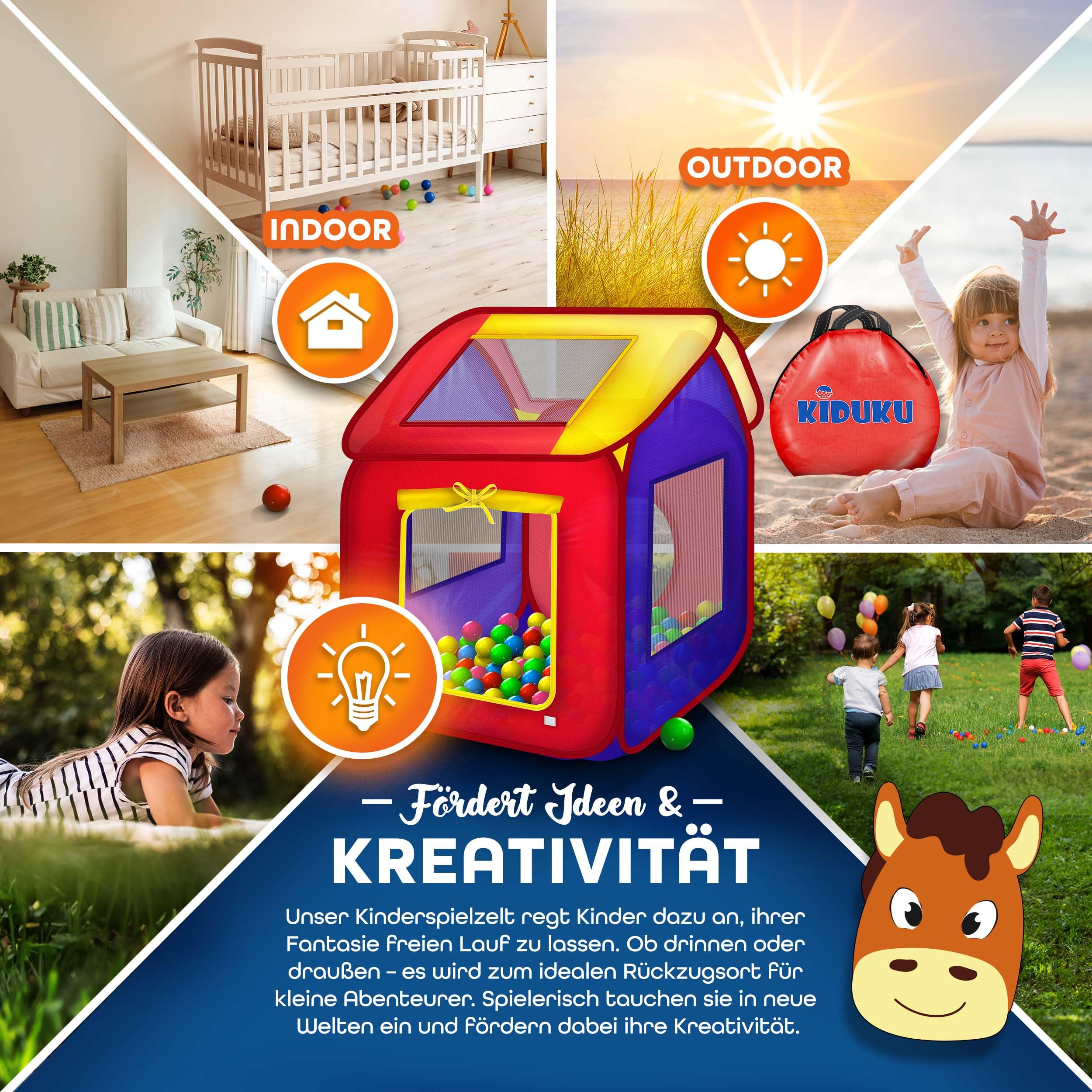 KIDUKU® Kinderspielzelt Bällebad Pop Up Spielzelt + 200 Bälle + Tasche für drinnen und draußen