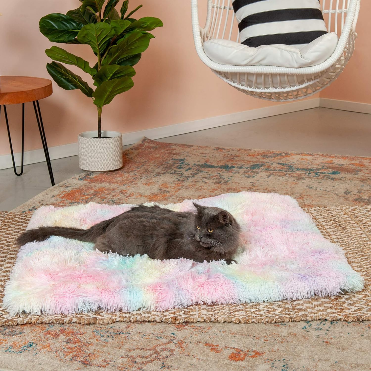 review Furhaven Self-Warming Cat Bed for Indoor Cats, 4-Beds-in-1 & Washable - Plush Long Faux Fur Convertible Cuddler - Rainbow, Large