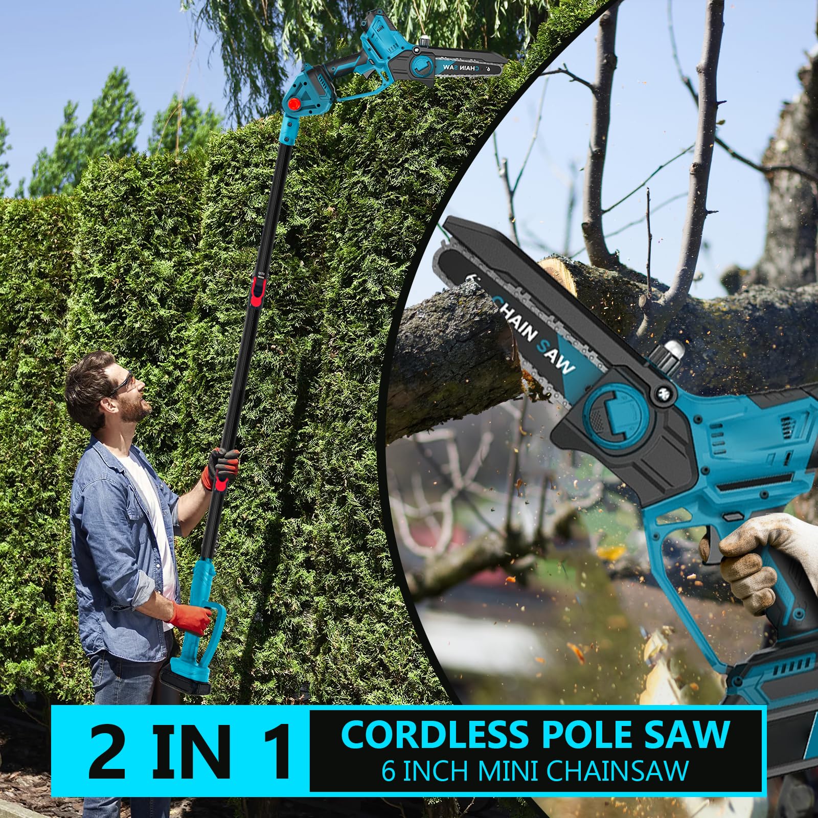 Élagueuse sans fil 2 en 1 - Compatible avec Makita 18 V - Scie d'élagage 2 en 1 sans balais - Avec manche télescopique et télescopique - Hauteur de travail : 4,5 m