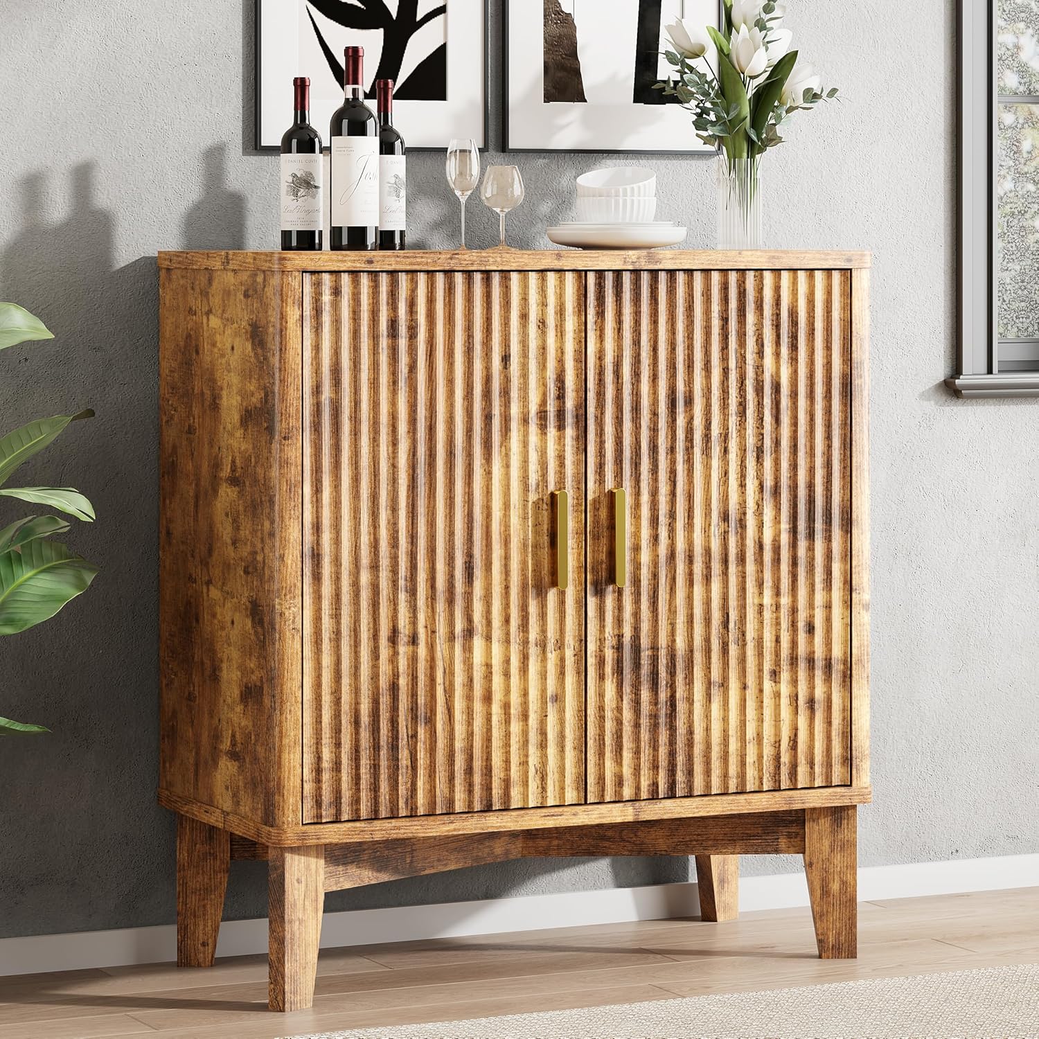 Xixini Fluted Sideboard Buffet Cabinet with Storage, 30" Mid Century Modern Coffee Wine Bar with Adjustable Shelves, Small Wood Buffet Table with 2 Doors for Kitchen, Living Room, Dining Room, Grey