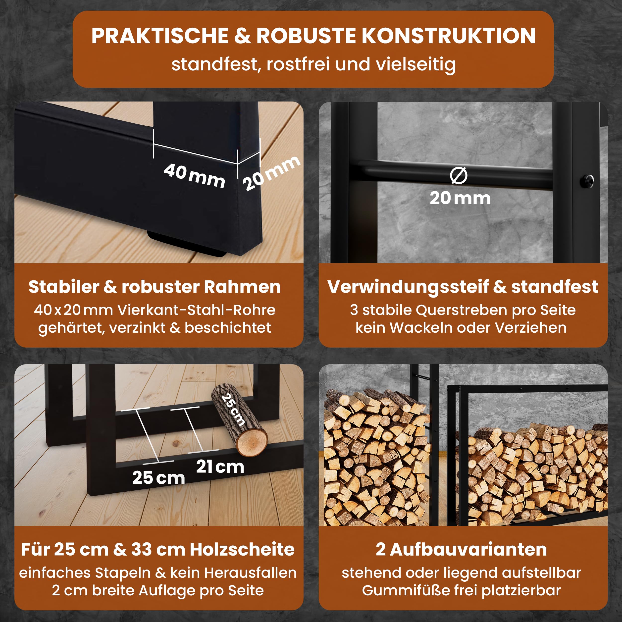 BLACK OAK Kaminholzregal JACK 150x100x25cm schwarz bis 800kg Metall Stahl pulverbeschichtet rostfrei