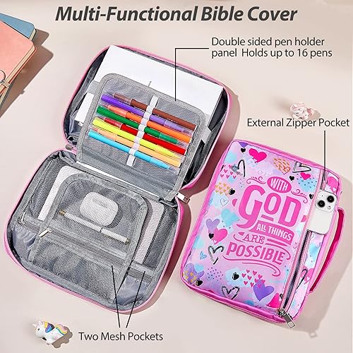 Miniatura 3 de Pink Dino Fundas para la Biblia para mujeres y niñas, funda grande para la Biblia con múltiples bolsillos con cremallera, bolsa de transporte para